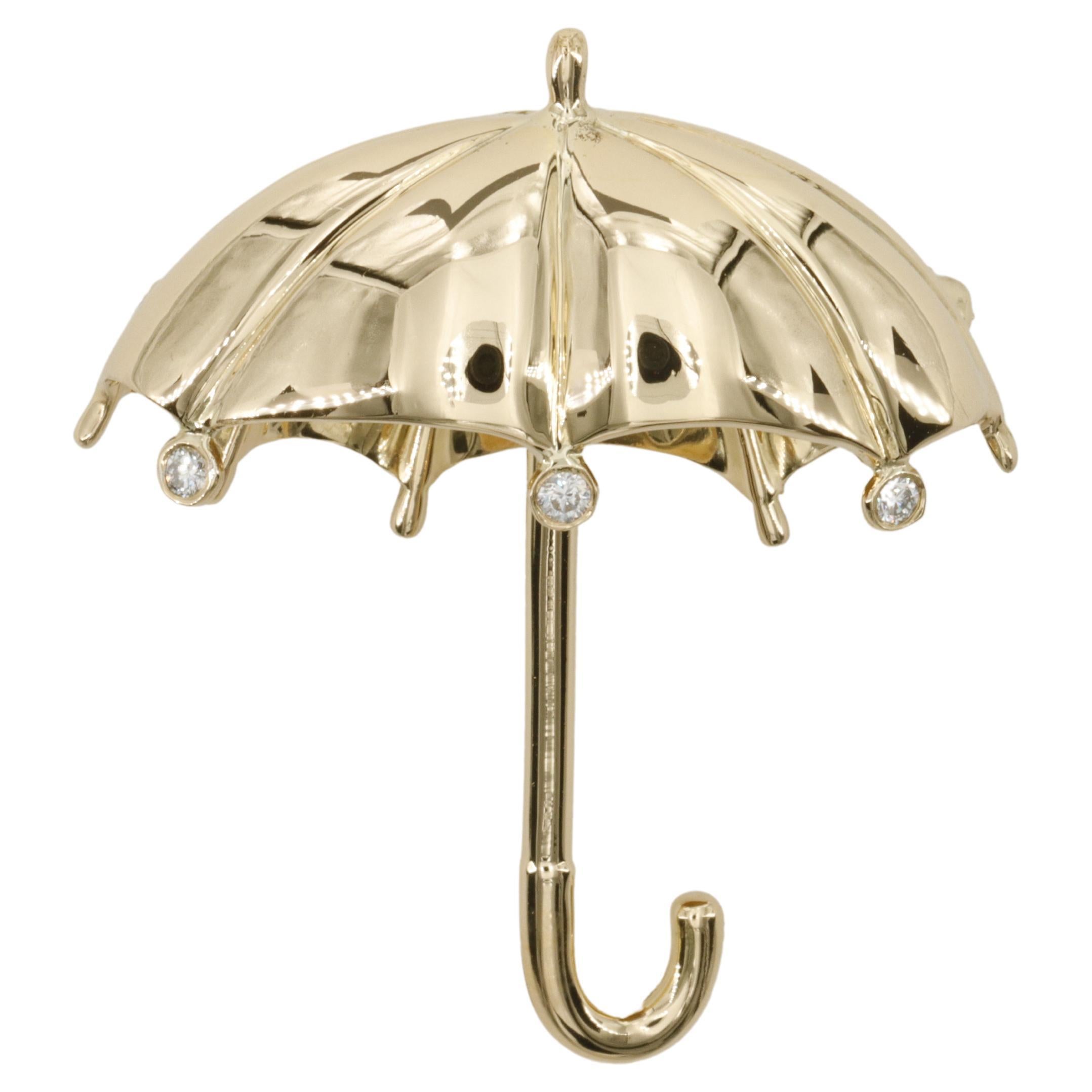 Tiffany & Co. Umbrella Brooch Pin in Diamonds & 18 Karat Yellow Gold  For Sale