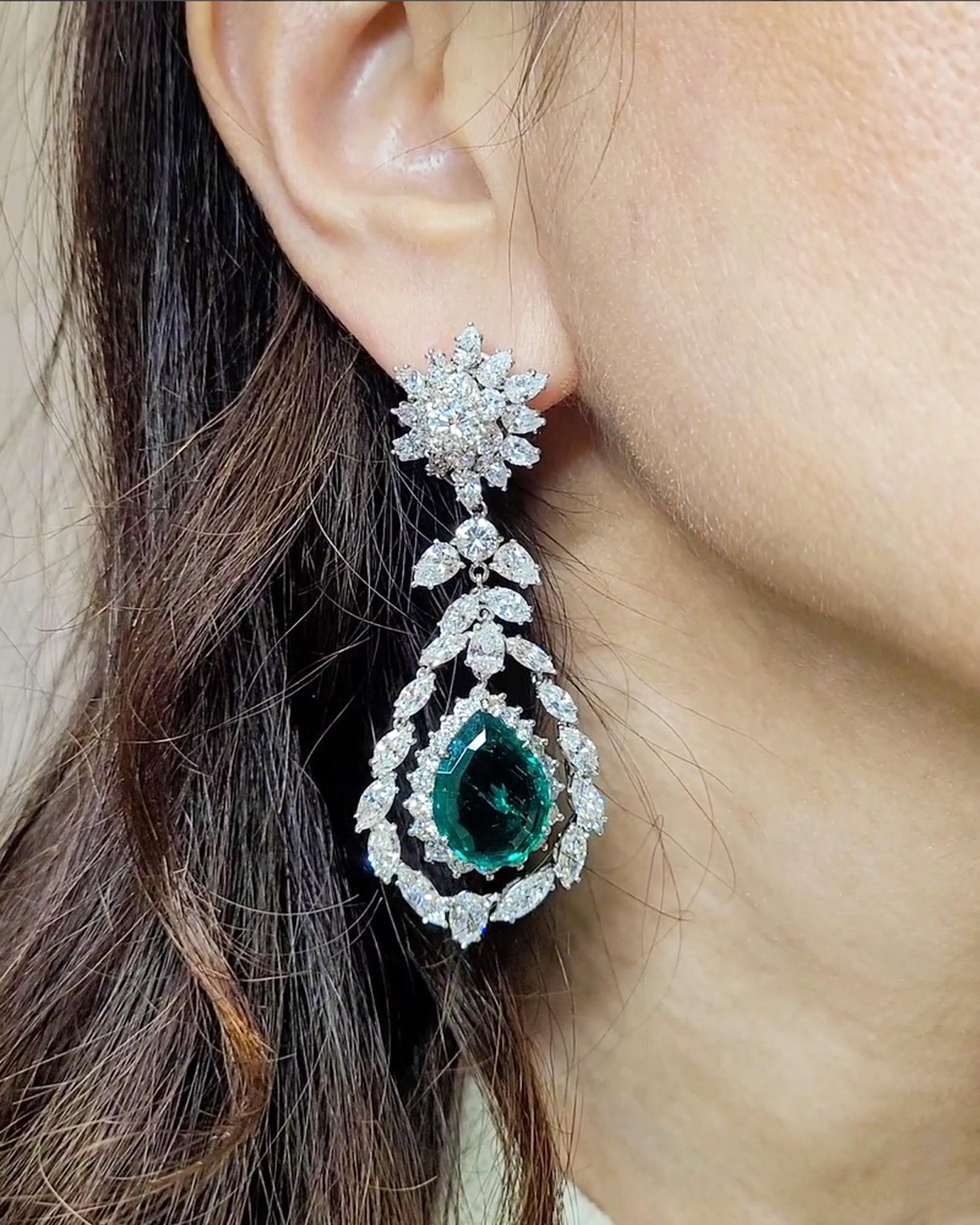 Pear Cut Tiffany & Co. Untreated Colombian Emerald Diamond Earrings For Sale