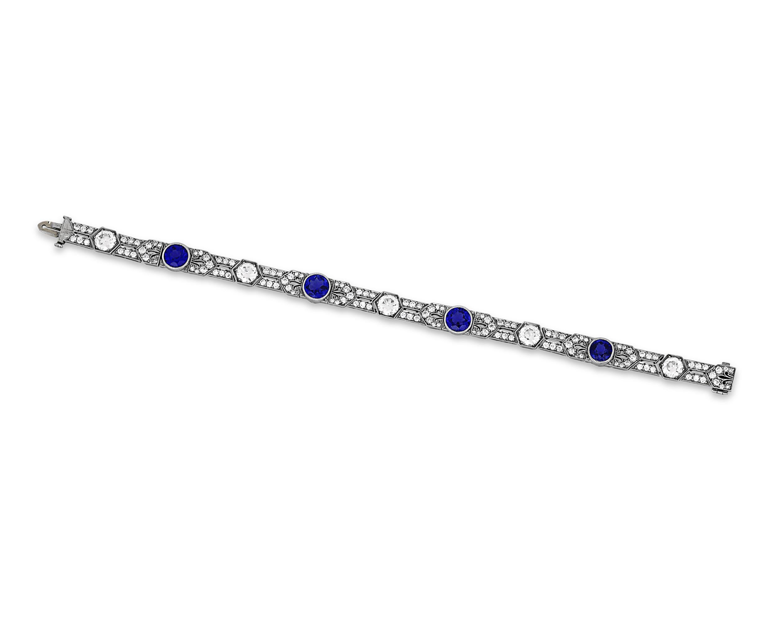 Four remarkable Yogo sapphires are the stars of this amazing Art Deco bracelet by Tiffany & Co. The jewels, which weigh a combined 4.68 carats, are certified by the AGL and GIA to be untreated, making them some of the finest sapphires available on