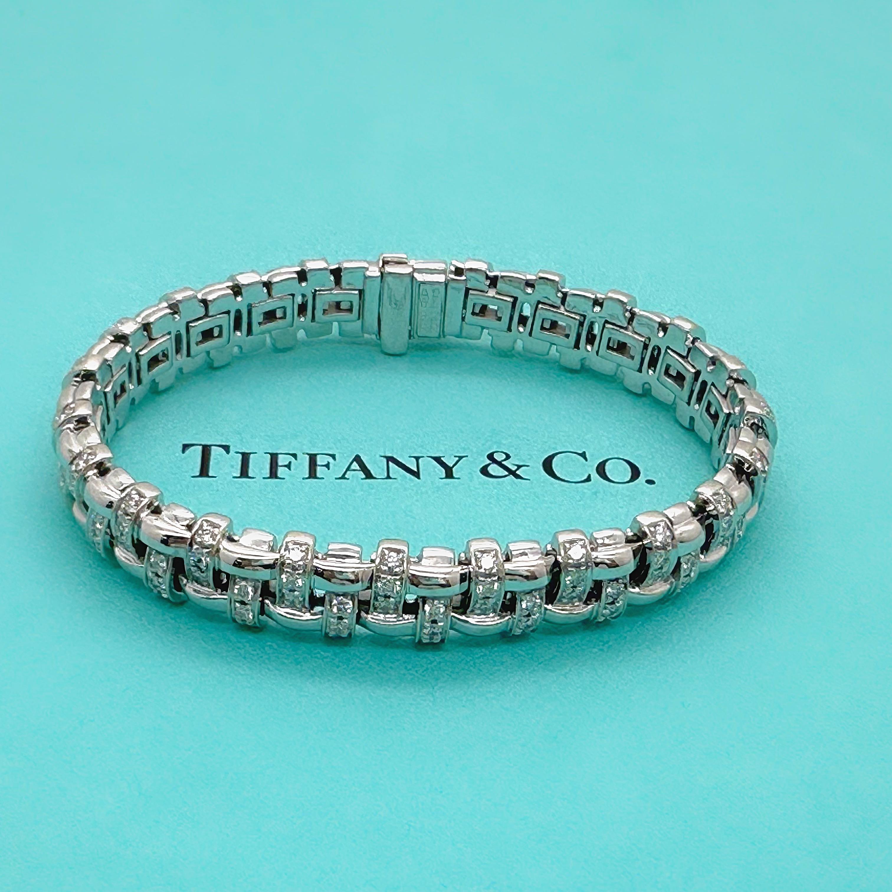 Tiffany & Co. Vannerie Basket Weave Diamond Bracelet in 18kt White Gold In Excellent Condition For Sale In San Diego, CA