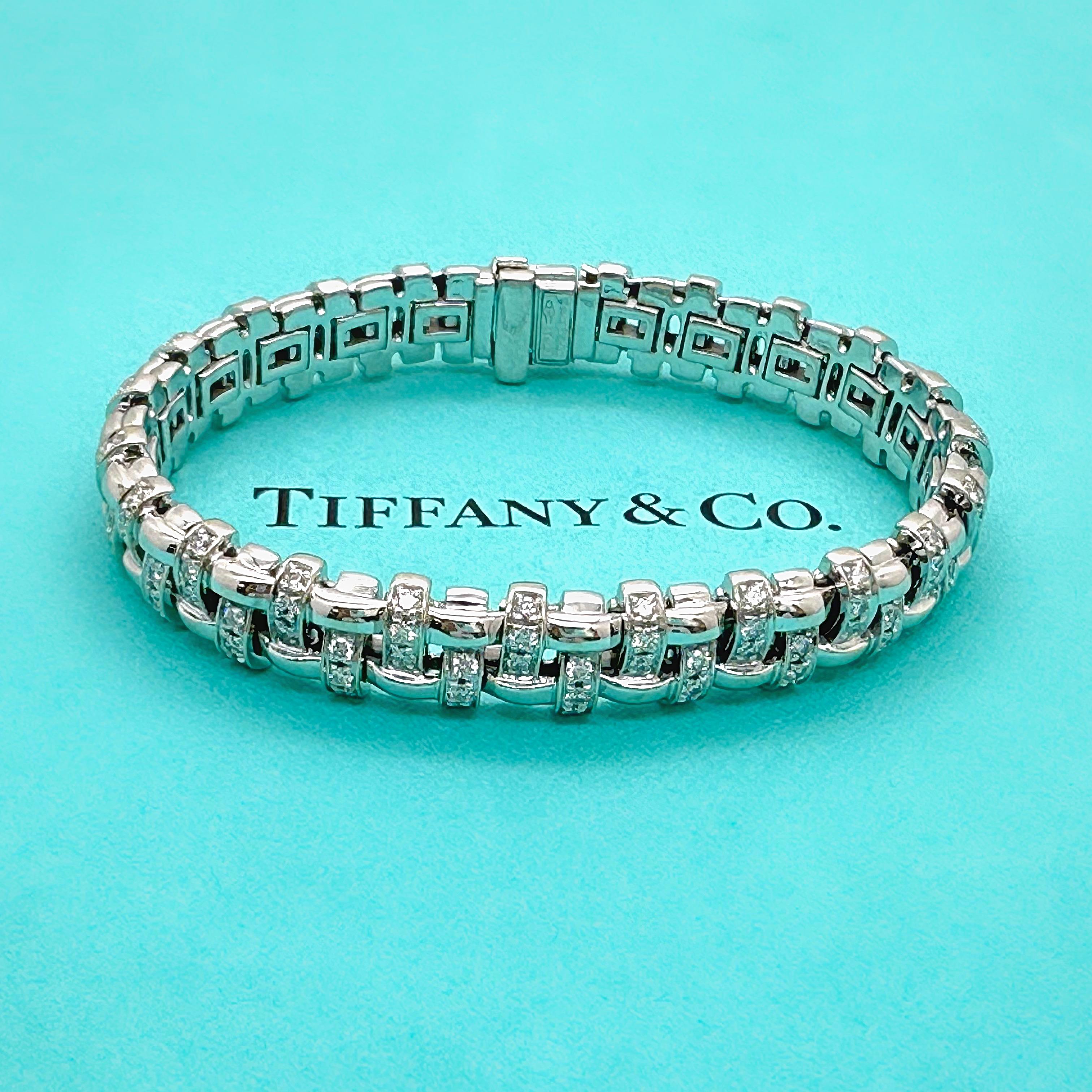 Women's or Men's Tiffany & Co. Vannerie Basket Weave Diamond Bracelet in 18kt White Gold For Sale