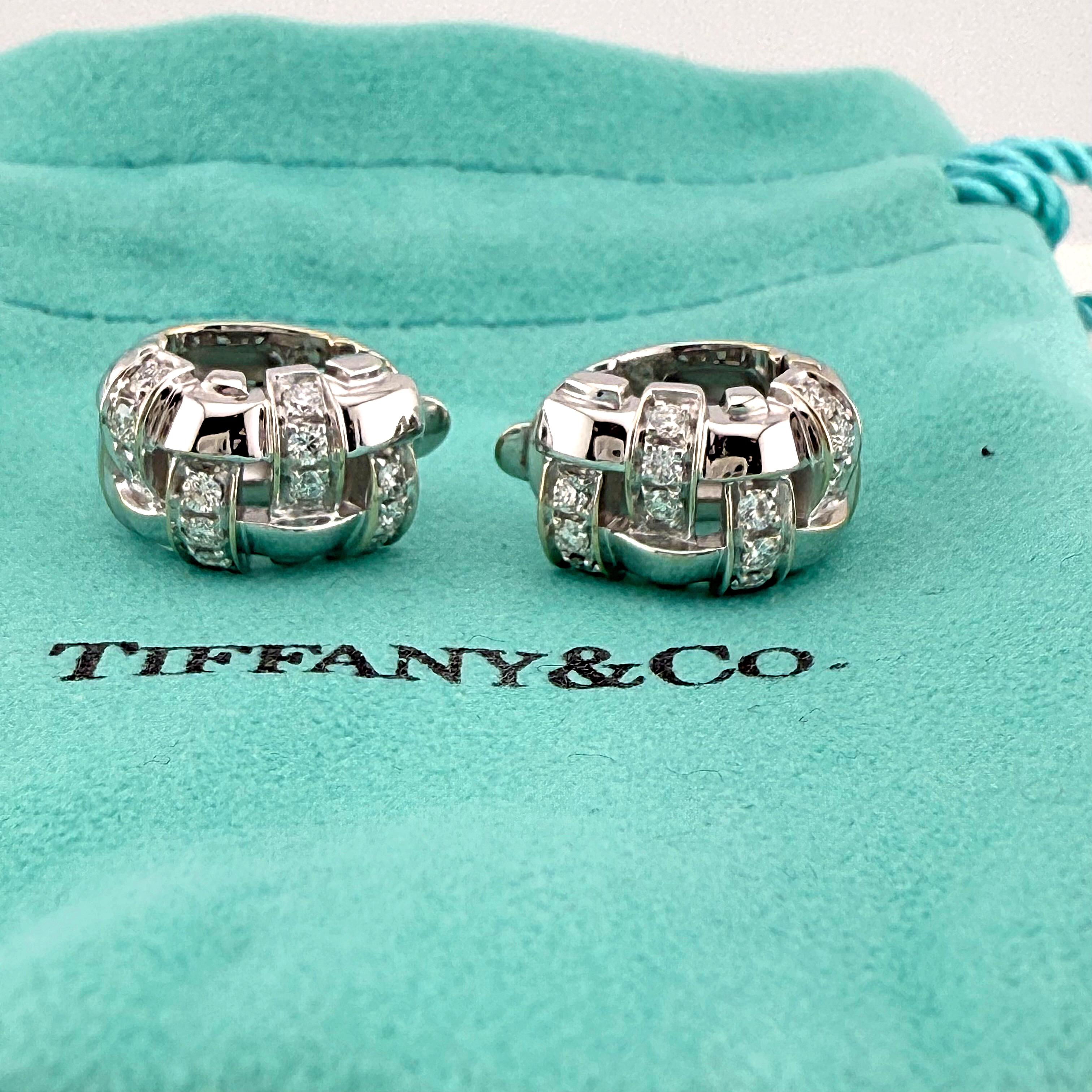 Tiffany & Co. Vannerie Basket Weave Diamond Earrings 18 Karat White Gold For Sale 5