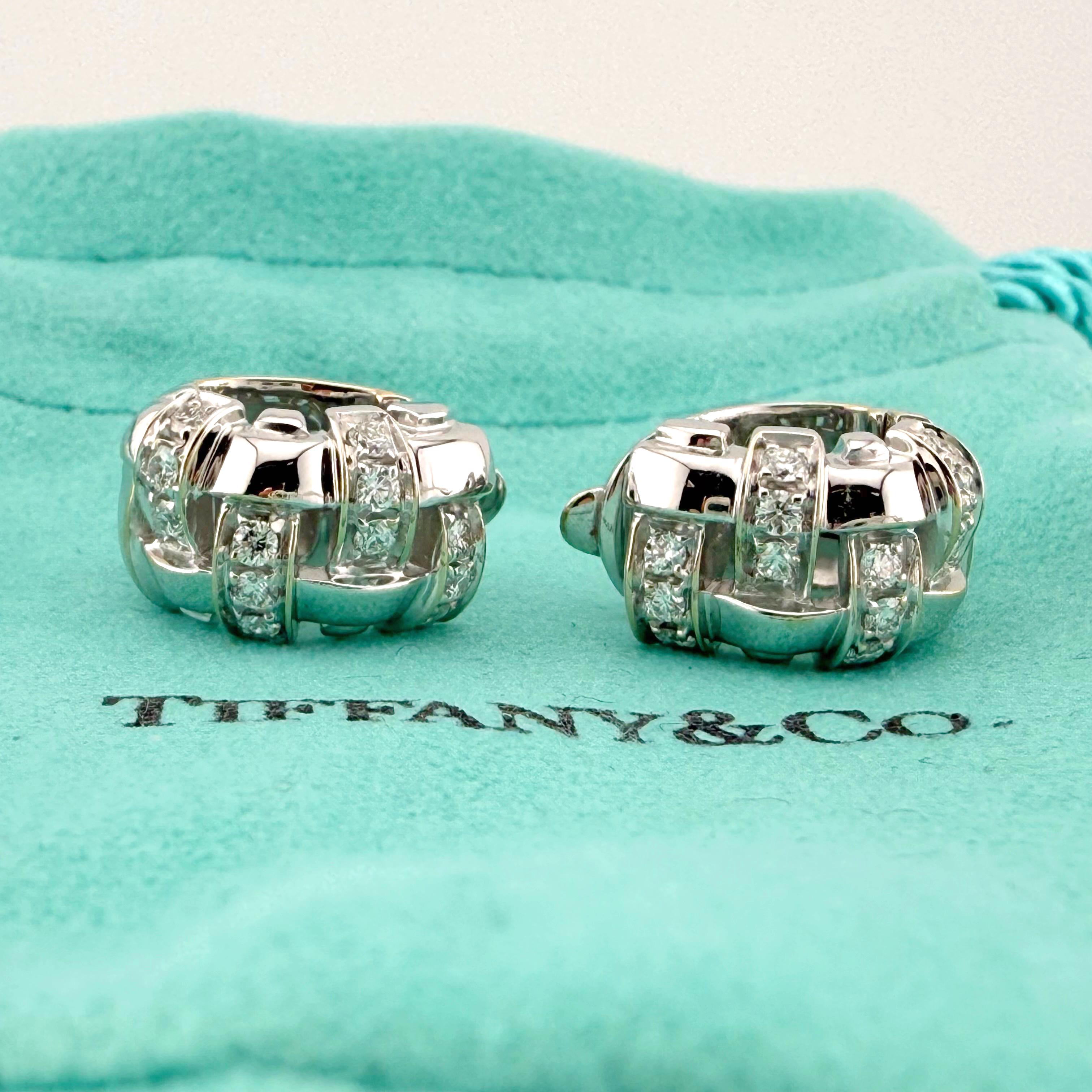 Round Cut Tiffany & Co. Vannerie Basket Weave Diamond Earrings 18 Karat White Gold For Sale