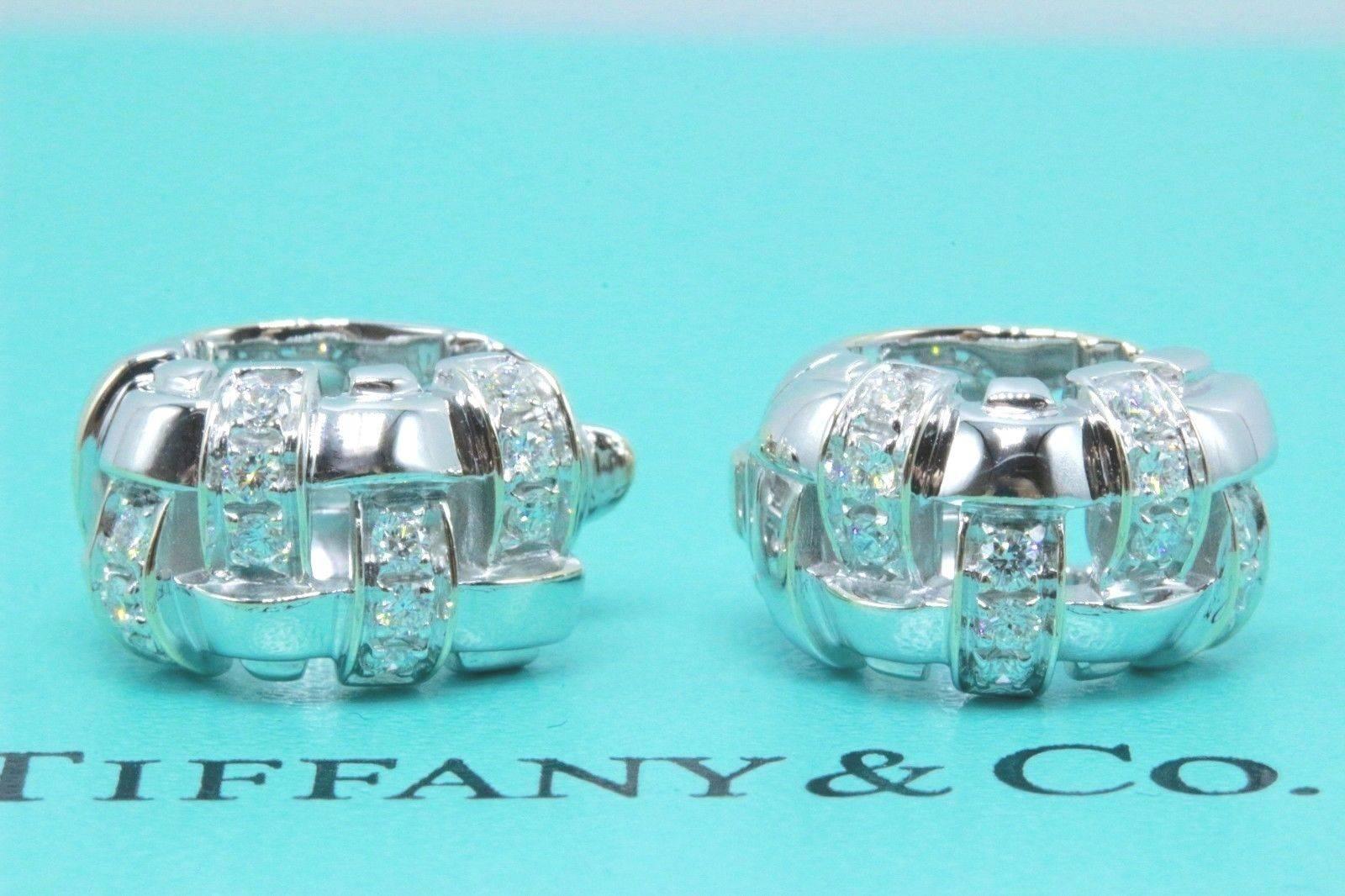 Tiffany & Co. Vannerie Basket Weave Diamond Earrings 18 Karat White Gold In Excellent Condition For Sale In San Diego, CA