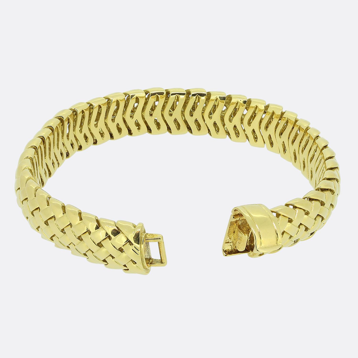 Here we have a vintage bracelet from the world renowned jewellery designer, Tiffany & Co. The name 'Vannerie' was taken from the art of Native American basketry hence the woven link craftsmanship from 18ct yellow gold and ultimate domed lattice