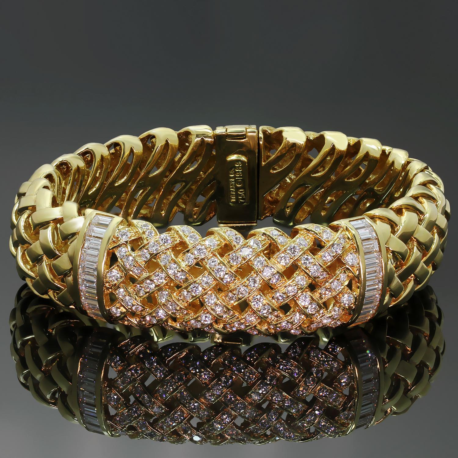 This fabulous bracelet from the exquisite Vannerie collection by Tiffany & Co. is crafted in 18k yellow gold and set with 100 brilliant-cut round diamonds weighing an estimated 3.50 carats and 20 baguette-cut diamonds weighing an estimated 2.50