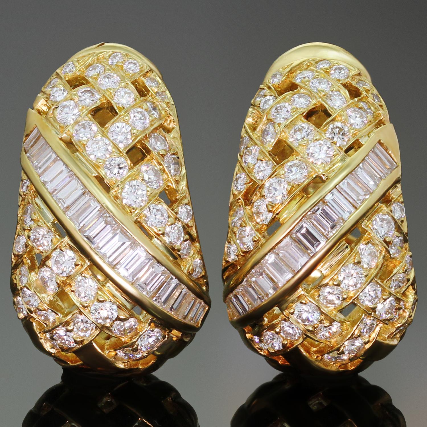 These gorgeous earrings from the exquisite Vannerie collection by Tiffany & Co. is crafted in 18k yellow gold and set with 92 brilliant-cut round diamonds weighing an estimated 2.70 carats and 30 baguette-cut diamonds weighing an estimated 1.50