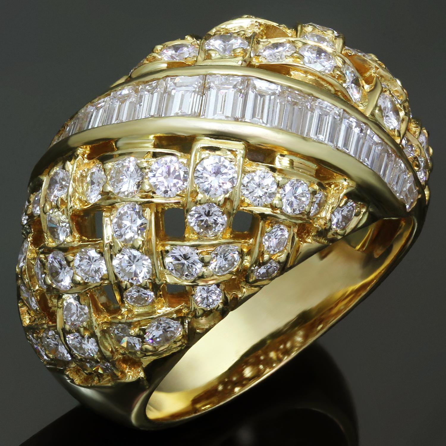 This impressive ring from the exquisite Vannerie collection by Tiffany & Co. is crafted in 18k yellow gold and set with 70 brilliant-cut round diamonds weighing an estimated 3.00 carats and 17 baguette-cut diamonds weighing an estimated 1.00 carats.