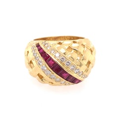 Vintage Tiffany & Co. Vannerie Ruby and Diamond Yellow Gold Basket Weave Ring