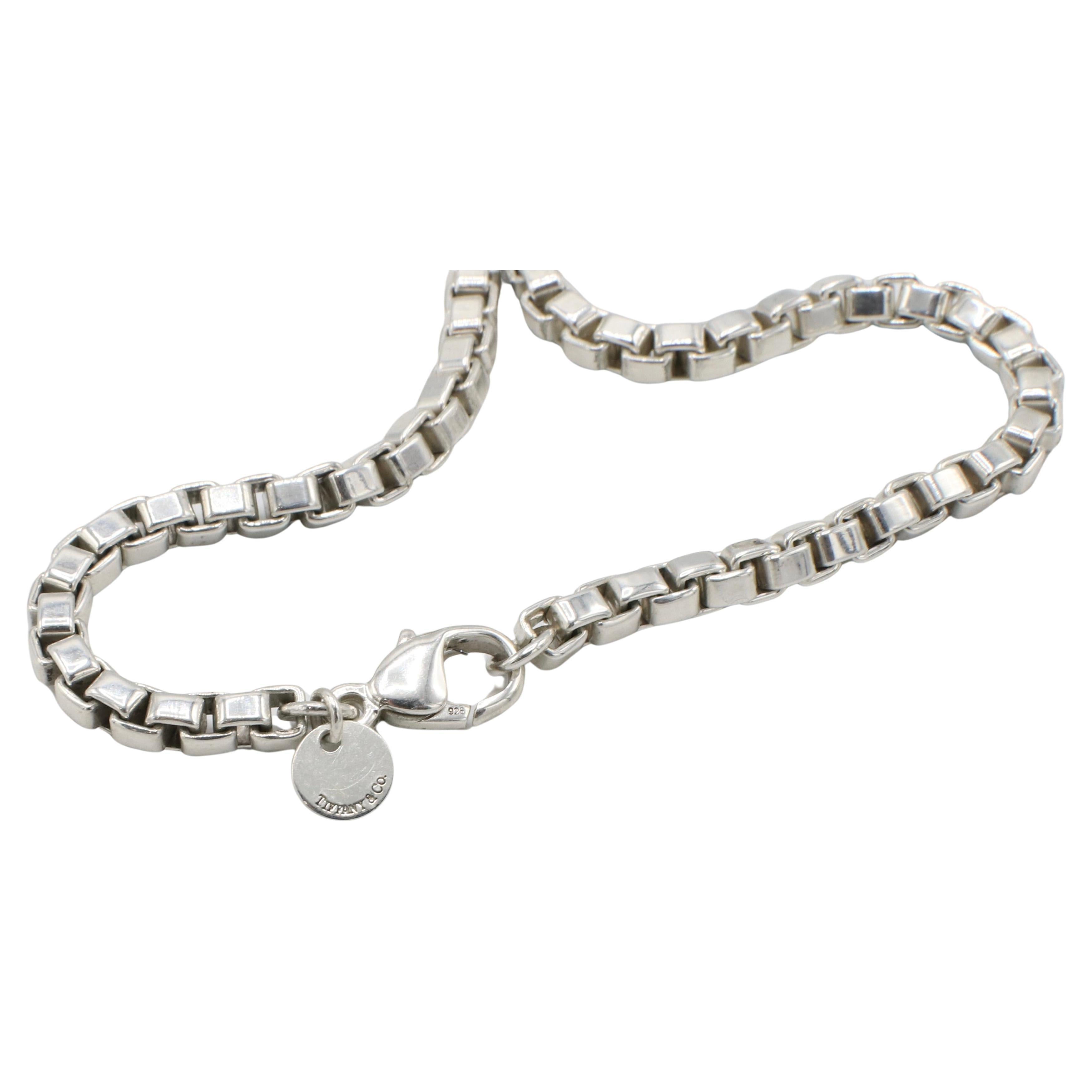 Modern Tiffany & Co. Venetian Sterling Silver 4MM Box Link Chain Necklace 18 Inches For Sale