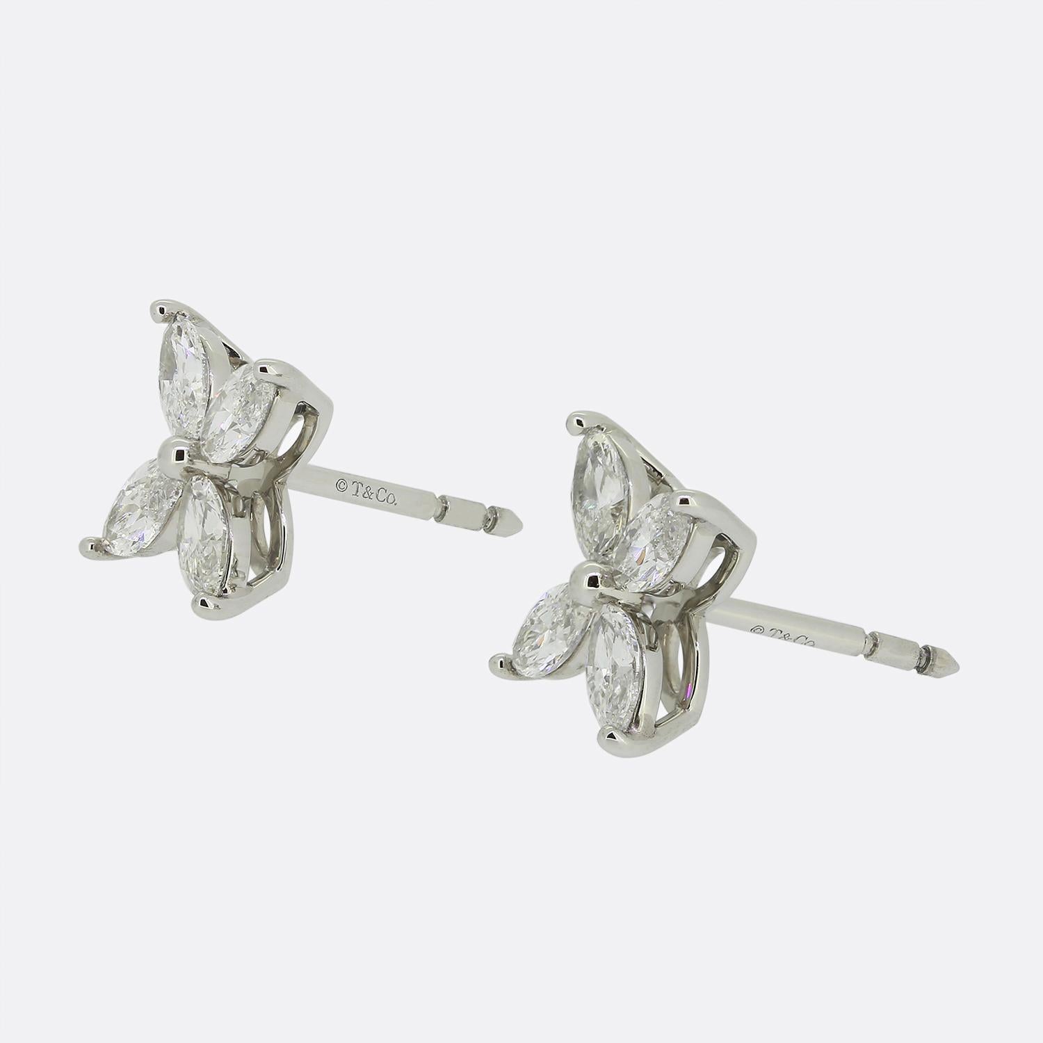 This is a fabulous pair of Tiffany & Co. Victoria diamond earrings. Each piece has been crafted in platinum and set with four sparkling marquise-shaped diamonds collectively weighing an estimated 1.62 carats.

The beautiful shape of these classic