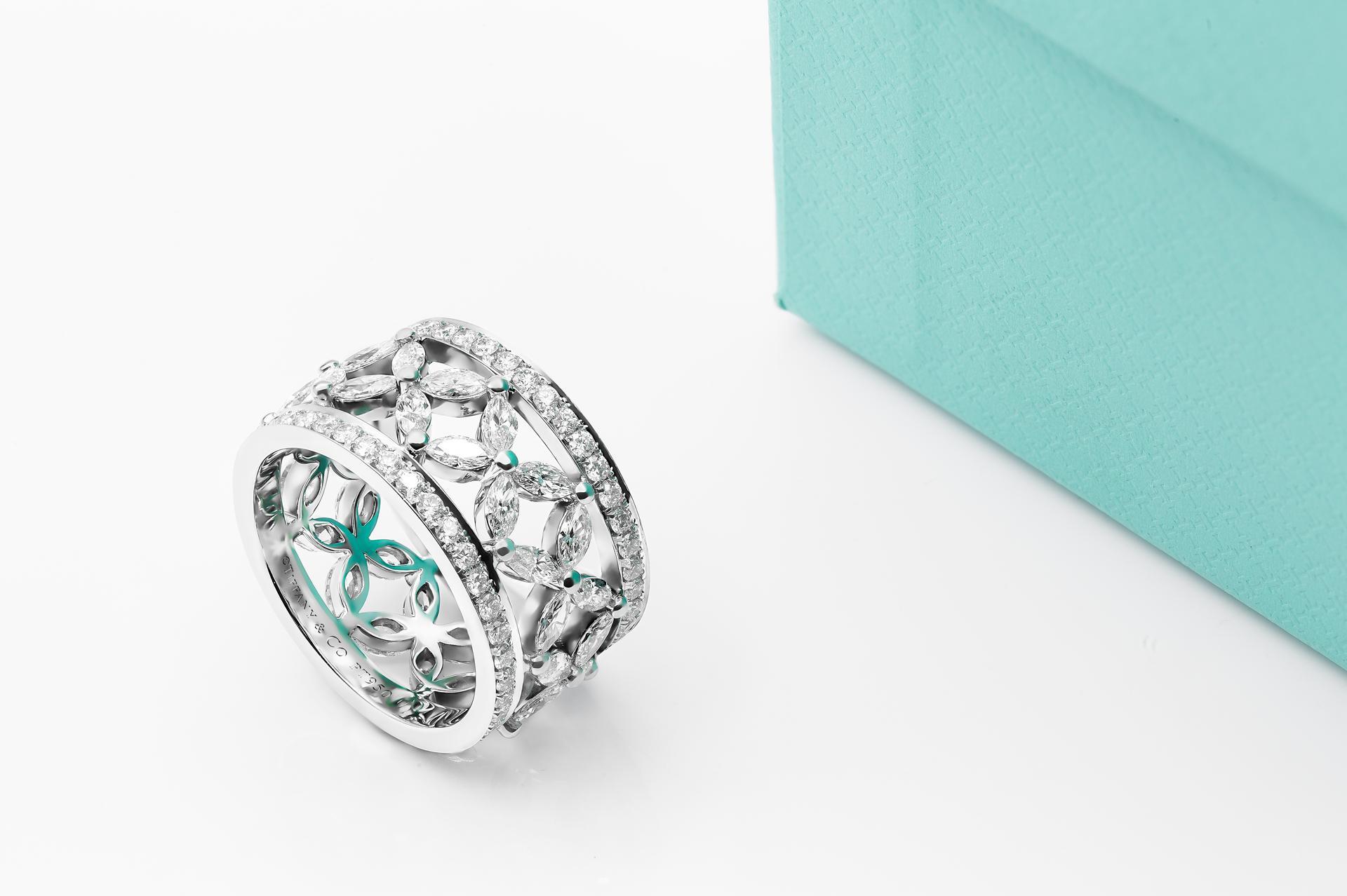Tiffany & Co. Victoria Band Ring
Platinum with diamonds
Marquise diamonds, carat total weight 2.00
Round brilliant diamonds, carat total weight .34
Size 6 (not sizable)
Comes with inner and outer box (appraisal available upon request)
Ring is pre