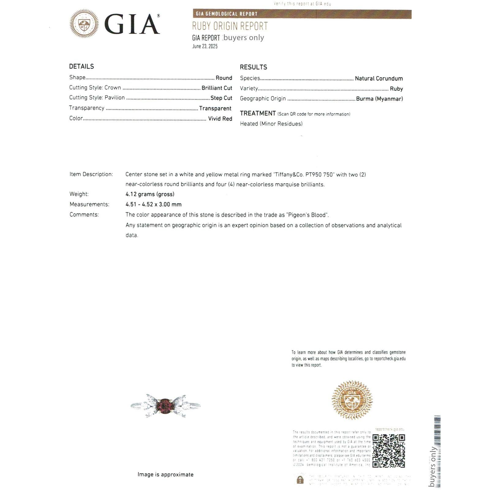 TIFFANY & CO. Victoria Burma Pigeon Blood Ruby(GIA) Diamond Platinum Ring 51 For Sale 2