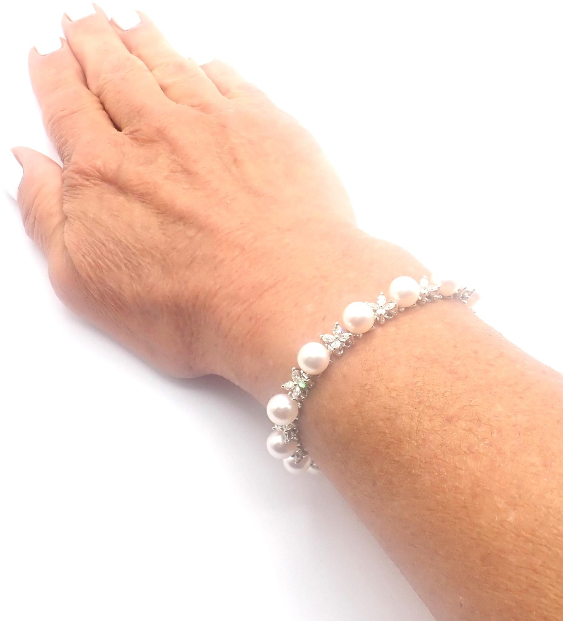 Brilliant Cut Tiffany & Co Victoria Diamond And Akoya Pearl Line Platinum Tennis Bracelet For Sale