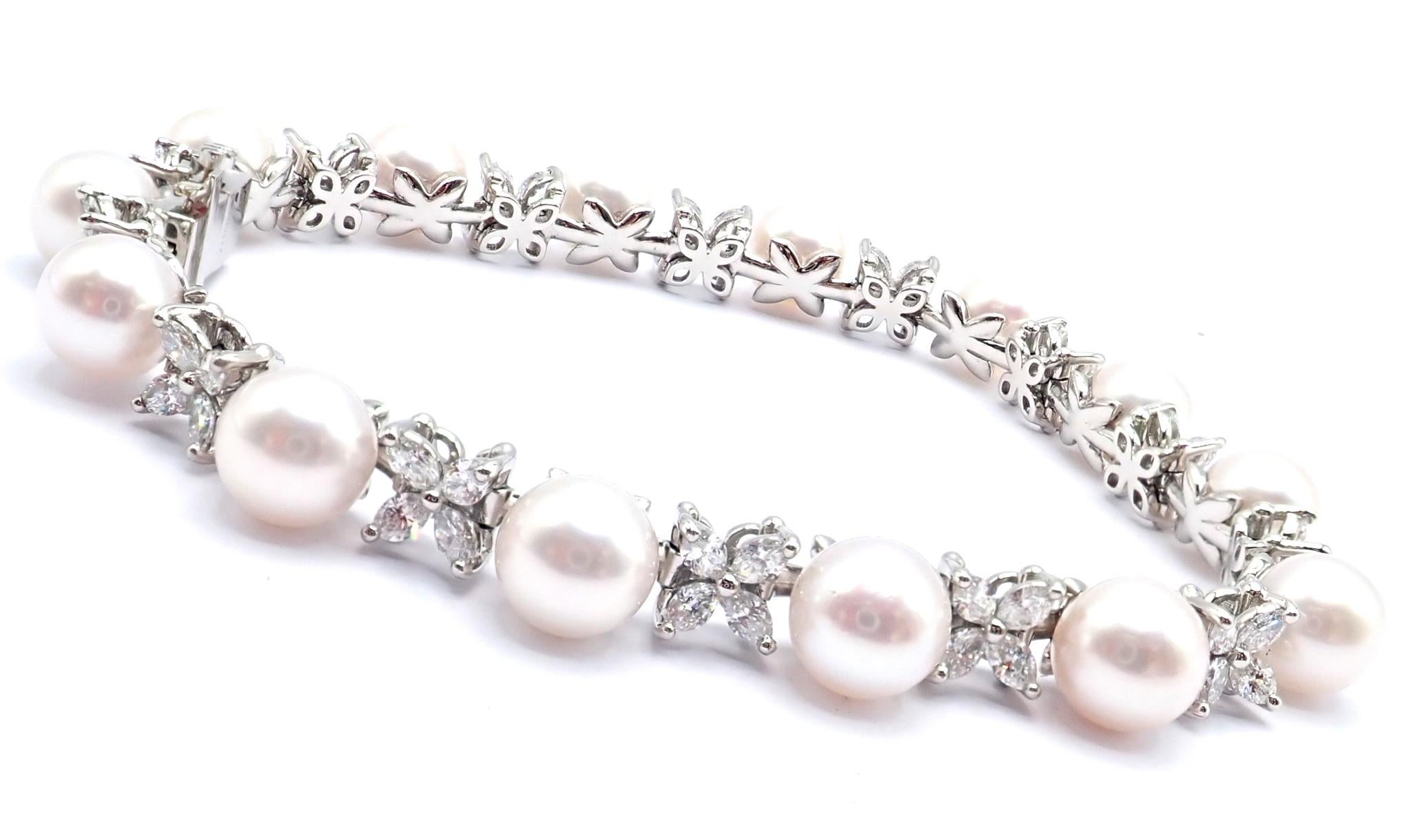 Women's or Men's Tiffany & Co Victoria Diamond And Akoya Pearl Line Platinum Tennis Bracelet For Sale