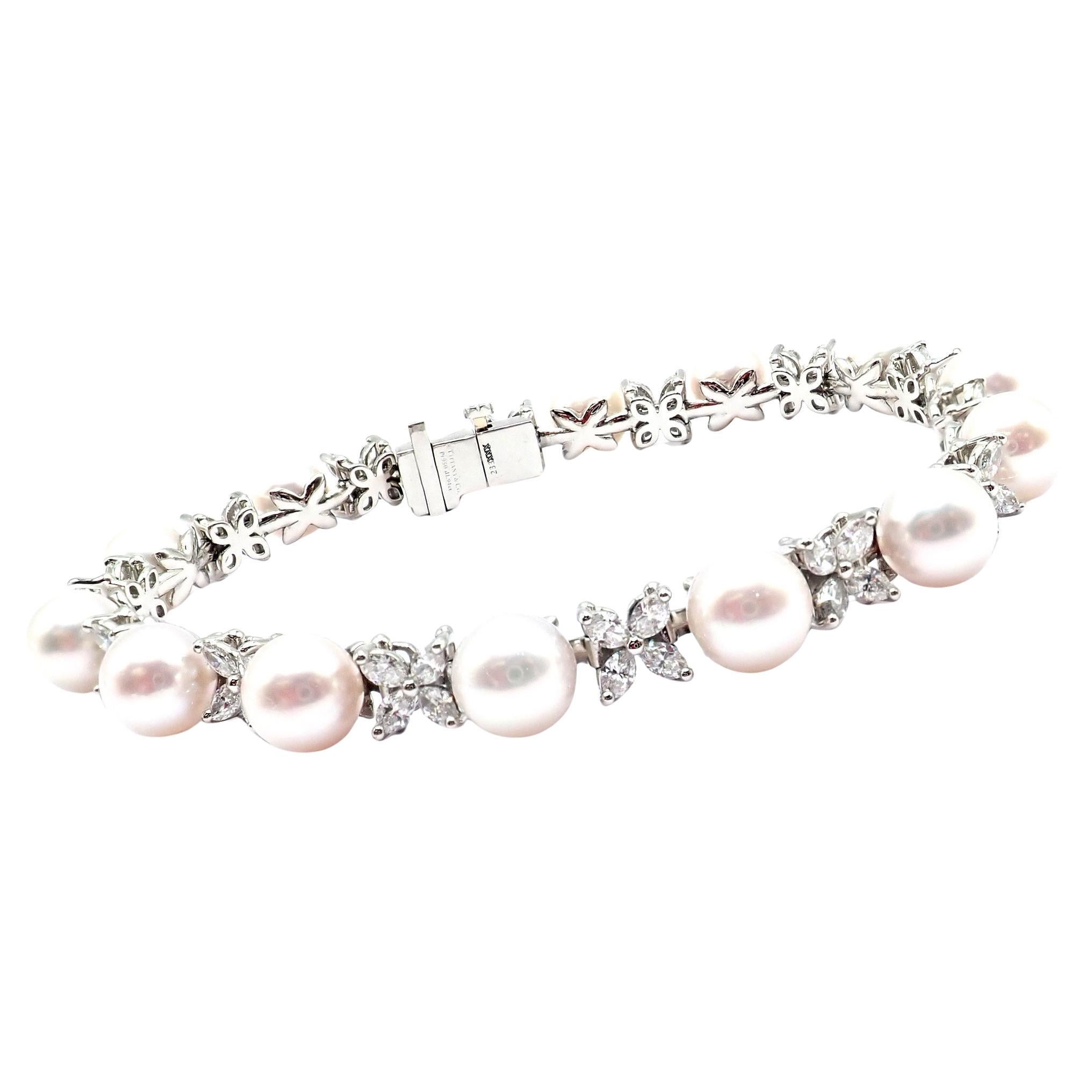 Tiffany & Co Victoria Diamond And Akoya Pearl Line Platinum Tennis Bracelet For Sale