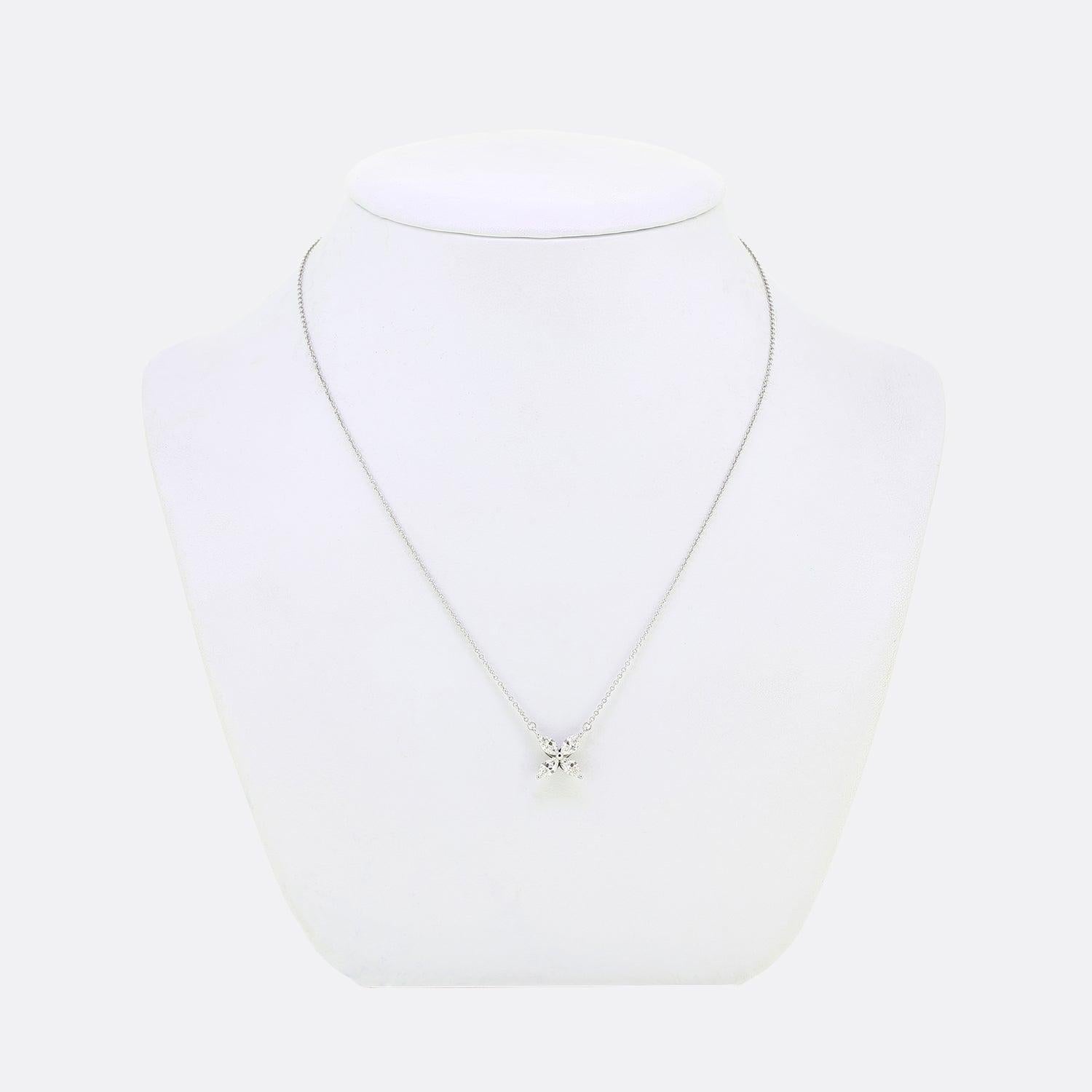 Here we have a wonderful necklace from the world renowned luxury jewellery designer Tiffany & Co. This necklace forms part of the Victoria collection and features four perfectly matched marquise cut diamonds; each of which has been individually claw