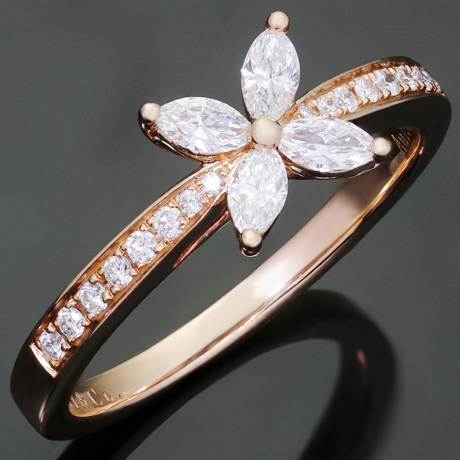 This iconic ring from Tiffany's exquisite Victoria collection is crafted in 18k rose gold and set with marquise-cut diamonds of an estimated 0.32 carats and brilliant-cut round diamonds of an estimated 0.12 carats. Made in United States circa 2010s.