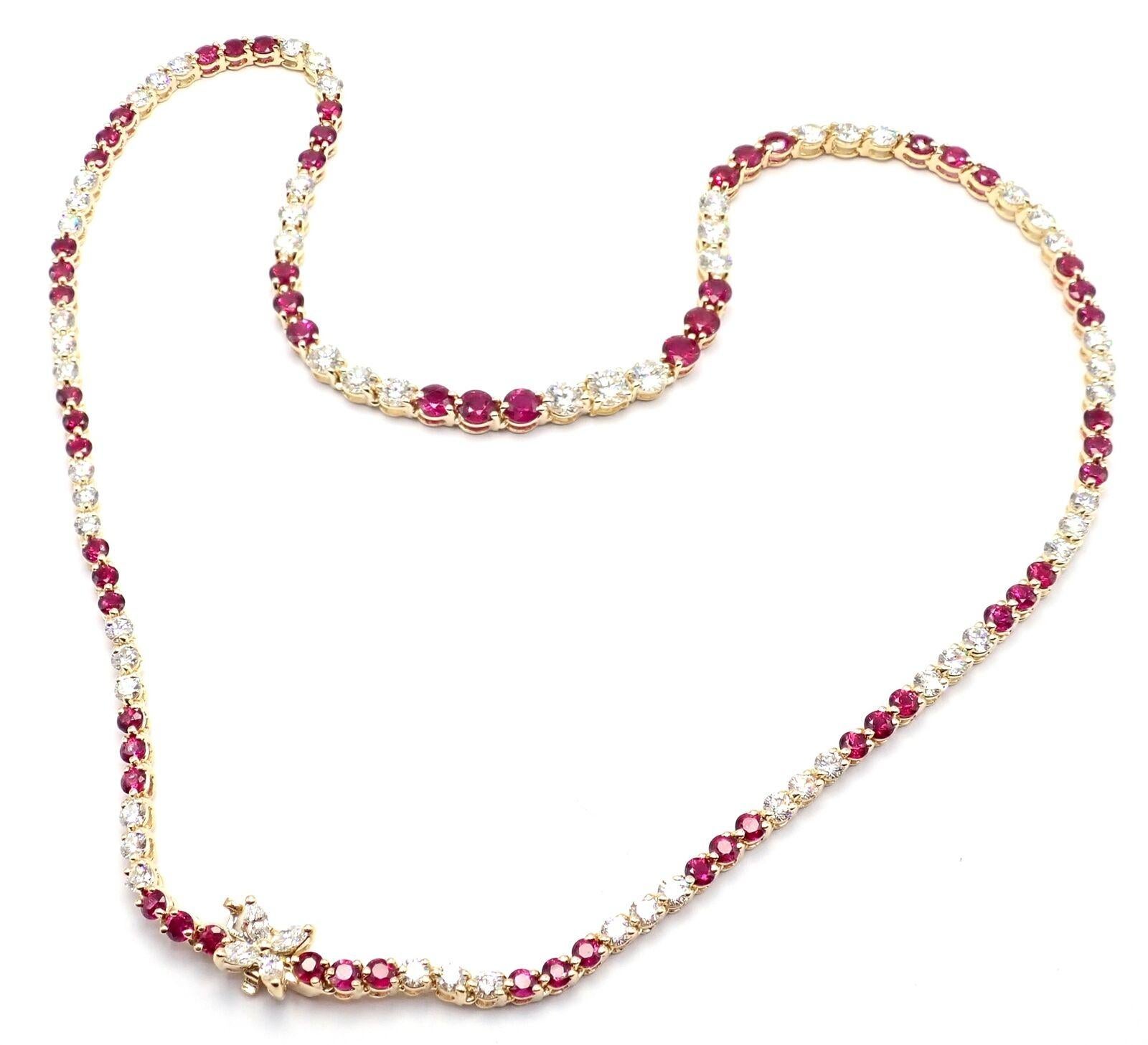 18k Yellow Gold Diamond And Ruby Victoria Line Necklace by Tiffany & Co. 
With 61 Round brilliant cut diamonds and 4 marque cut diamonds VS1 clarity, G color total weight approximately 5.70ct
60 round rubies total weight approximately 7.50ct
This