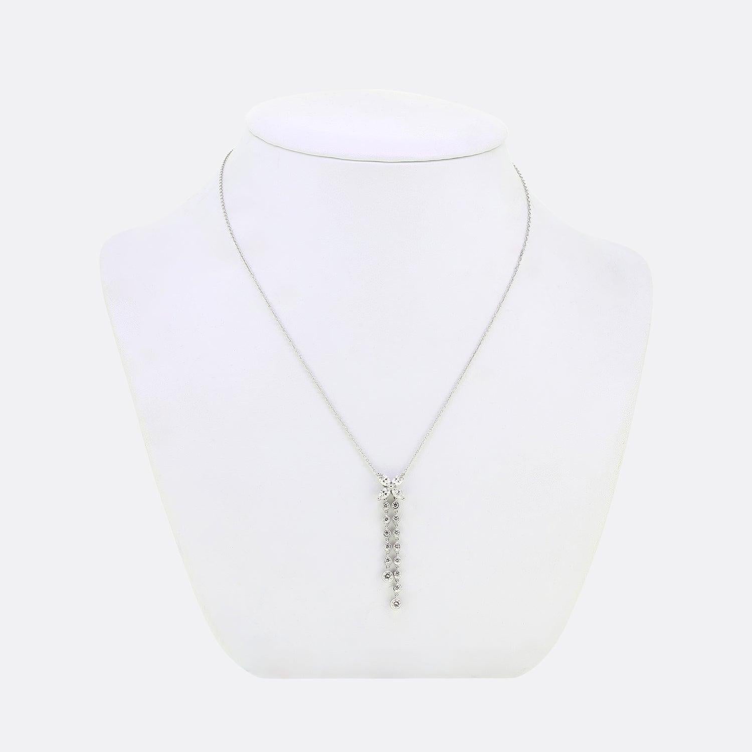 Here we have a gorgeous necklace from the world renowned luxury jewellery designer Tiffany & Co. This piece forms part of the Victoria collection and showcases their iconic four marquise cut diamond motif at the very top. This focal cluster then