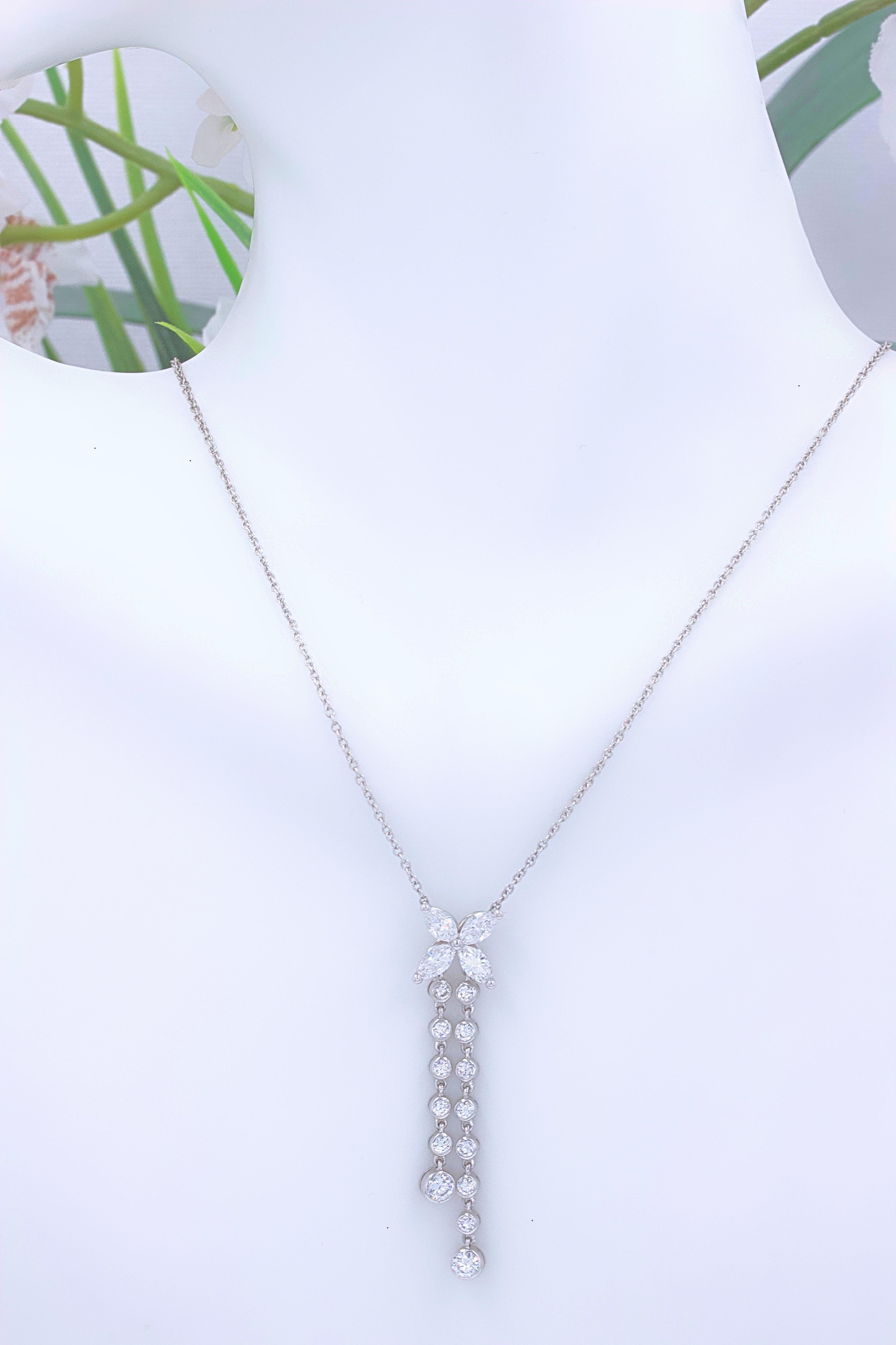 Tiffany & Co. Victoria Double Drop Necklace Round and Marquise Diamonds Platinum In Excellent Condition In San Diego, CA