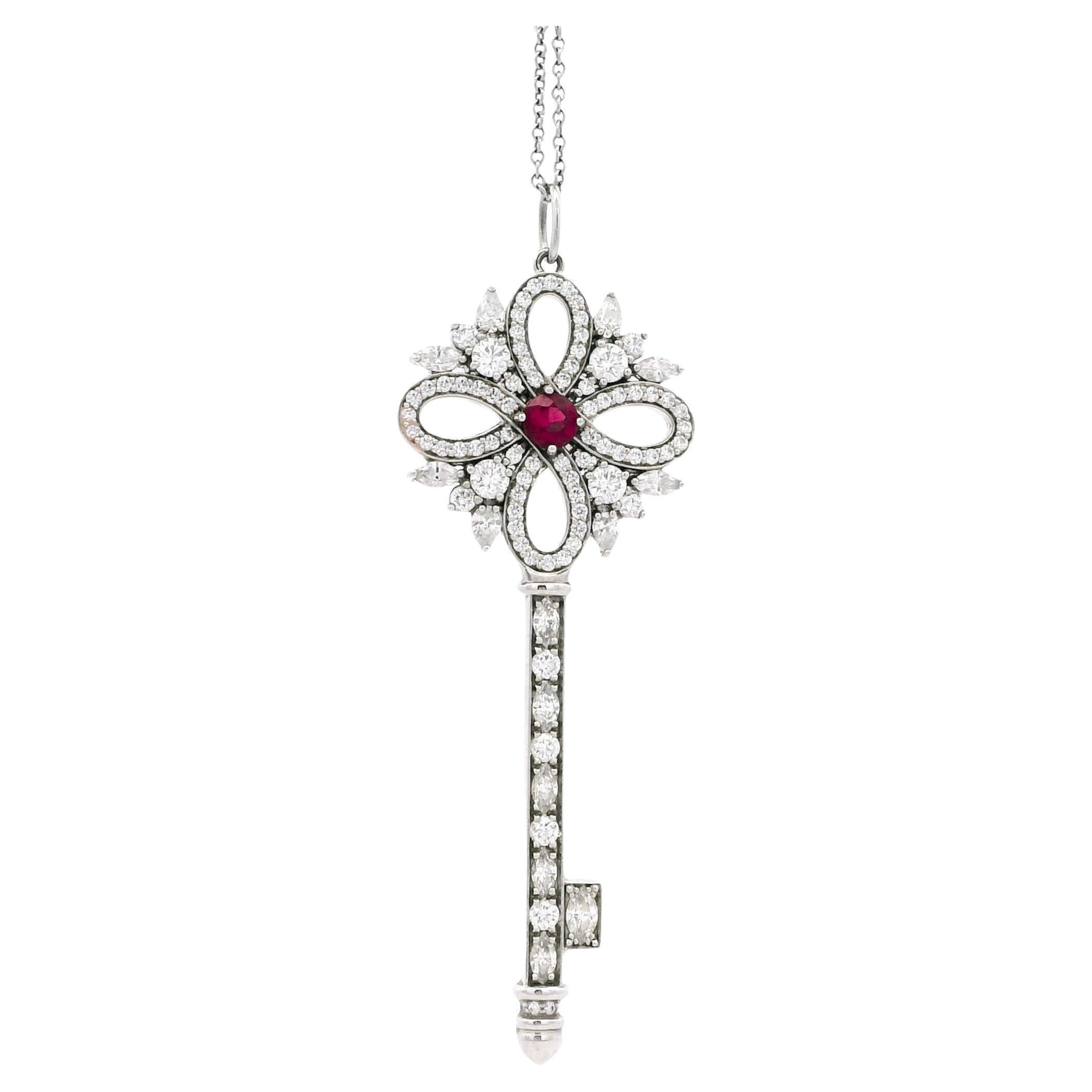 Tiffany &Co Victoria Key Platinum Diamond and Ruby Pendant Necklace For Sale