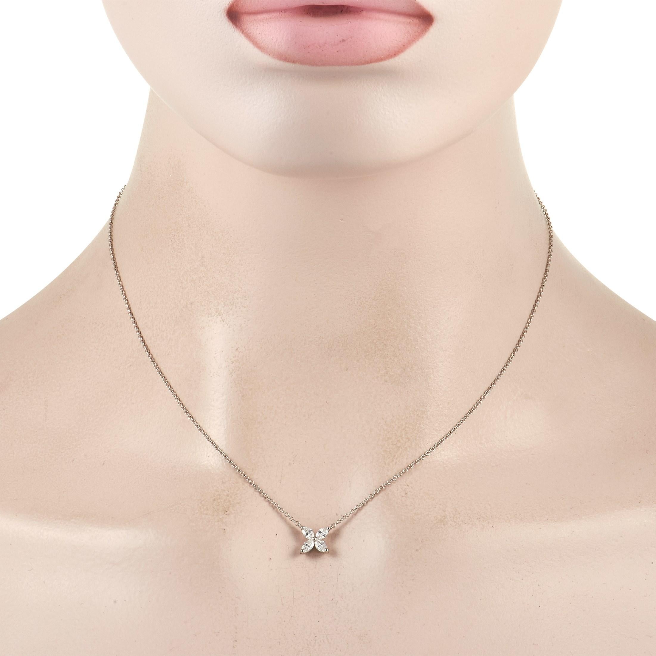 This simple, sophisticated necklace from the Tiffany & Co. Victoria collection will continually impress. Suspended at the center of a 16” chain, you’ll find four marquise-cut diamonds totaling 0.32 carats arranged in a flower motif that measures