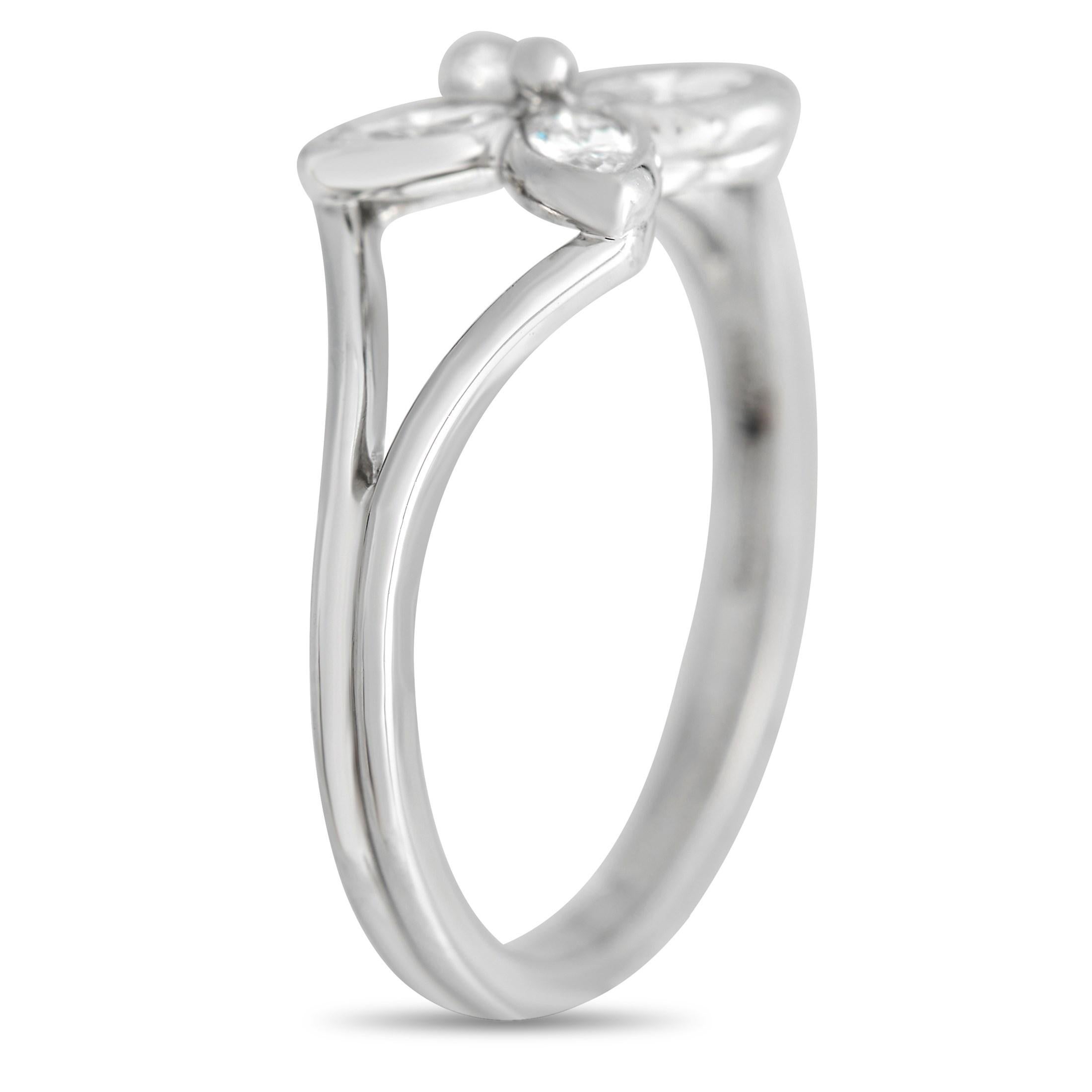 This ring from the Tiffany & Co. Victoria collection is delicate, romantic, and exquisite in design. Elegant diamond petals with a total weight of 0.40 carats add sparkle to the floral motif at the center. Made from pure Platinum, it features a