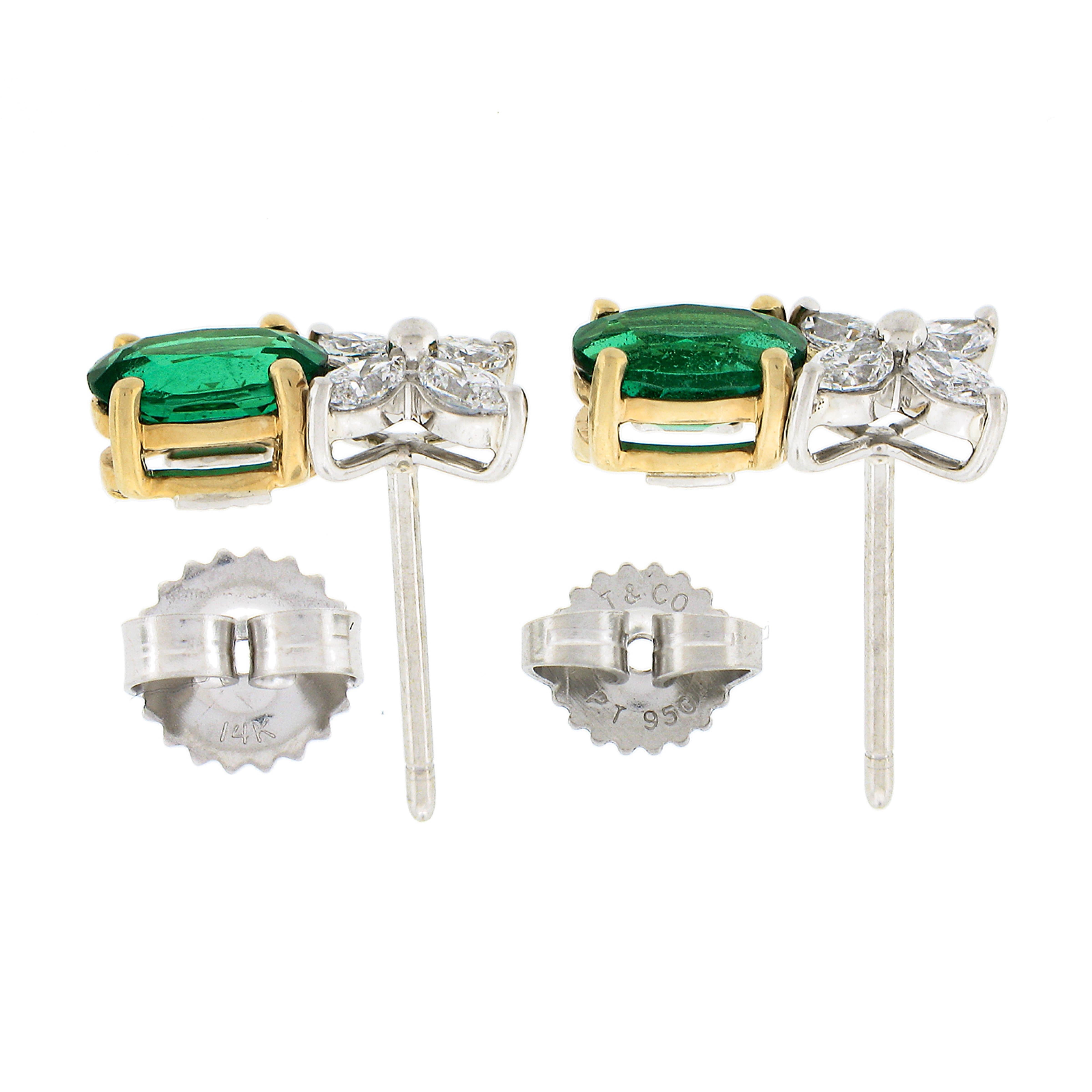 Oval Cut Tiffany & Co. Victoria Platinum 18k Gold Oval Emerald Marquise Diamond Earrings