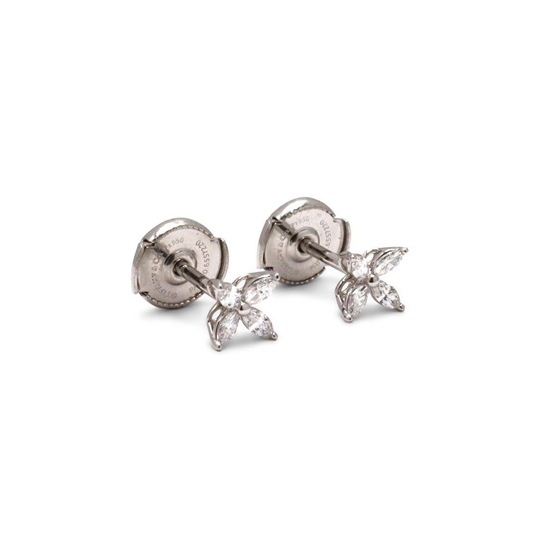 Authentic classic Tiffany & Co. 'Victoria' earrings crafted in platinum and set with an estimated 0.19 carats total weight of radiant marquise-cut diamonds (E-F, VS). Signed Tiffany & Co., PT 950. The earrings are presented with the original box, no