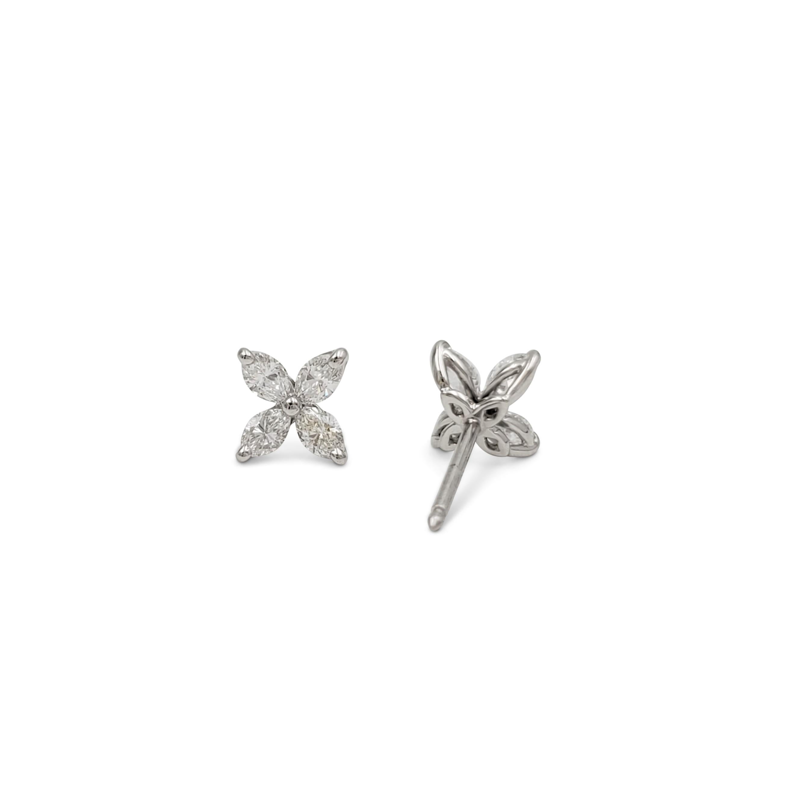 Authentic classic Tiffany & Co. 'Victoria' earrings crafted in platinum and set with an estimated 0.19 carats total weight of radiant marquise-cut diamonds (E-F, VS). Signed Tiffany & Co., PT 950. The earrings are not presented with the original box