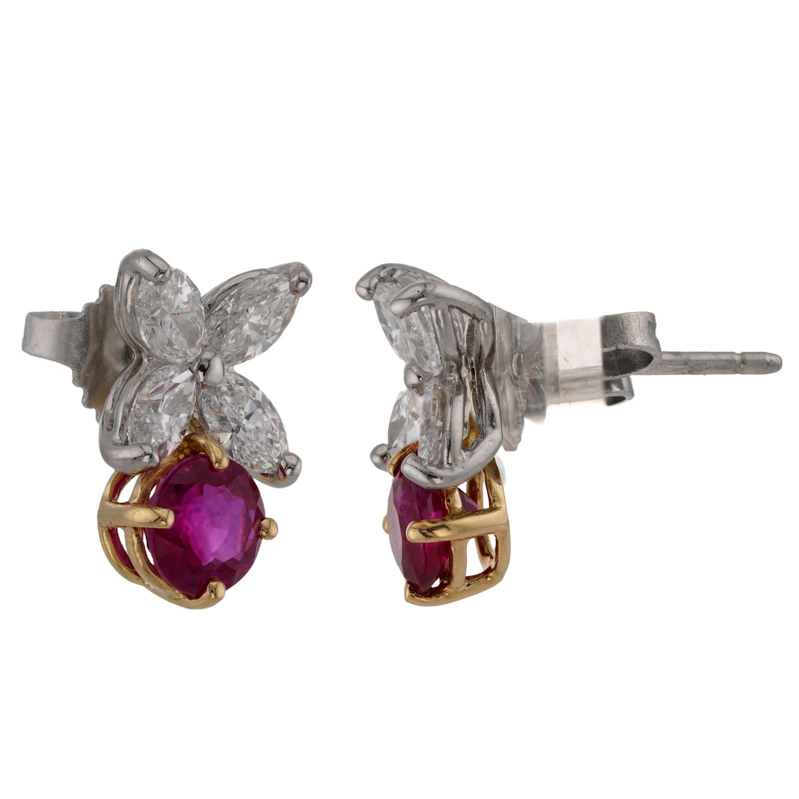Marquise Cut TIFFANY & CO. Victoria Burma Ruby Diamond Platinum Earrings.GIA For Sale