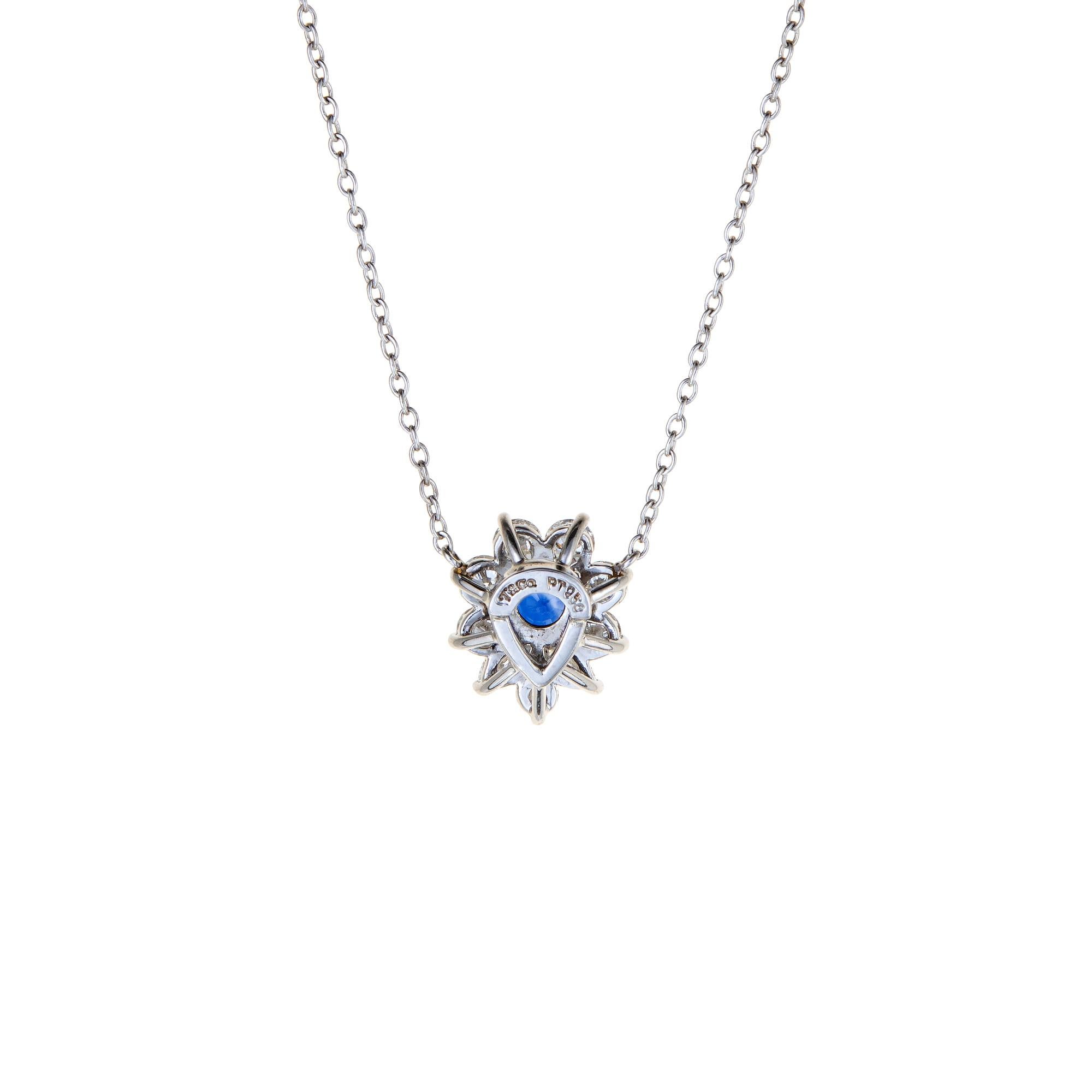 Finely detailed pre owned Tiffany & Co Victoria necklace, crafted in 950 platinum. 

9 round brilliant and marquise cut diamonds total an estimated 0.53 carats (estimated at F-G color and VVS clarity). The round cut sapphire measures 4mm and is