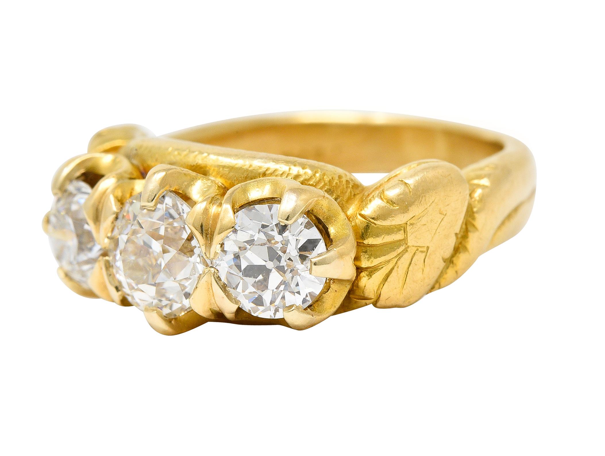 Old European Cut Tiffany & Co Victorian 1.40 Carats Diamond 18 Karat Yellow Gold Three Stone Ring For Sale