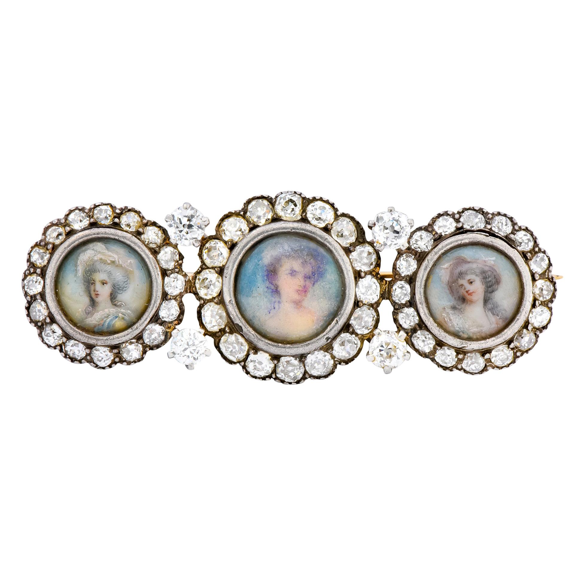 Tiffany & Co. Victorian 1.95 Carat Diamond 14 Karat Gold Silver Painted Brooch