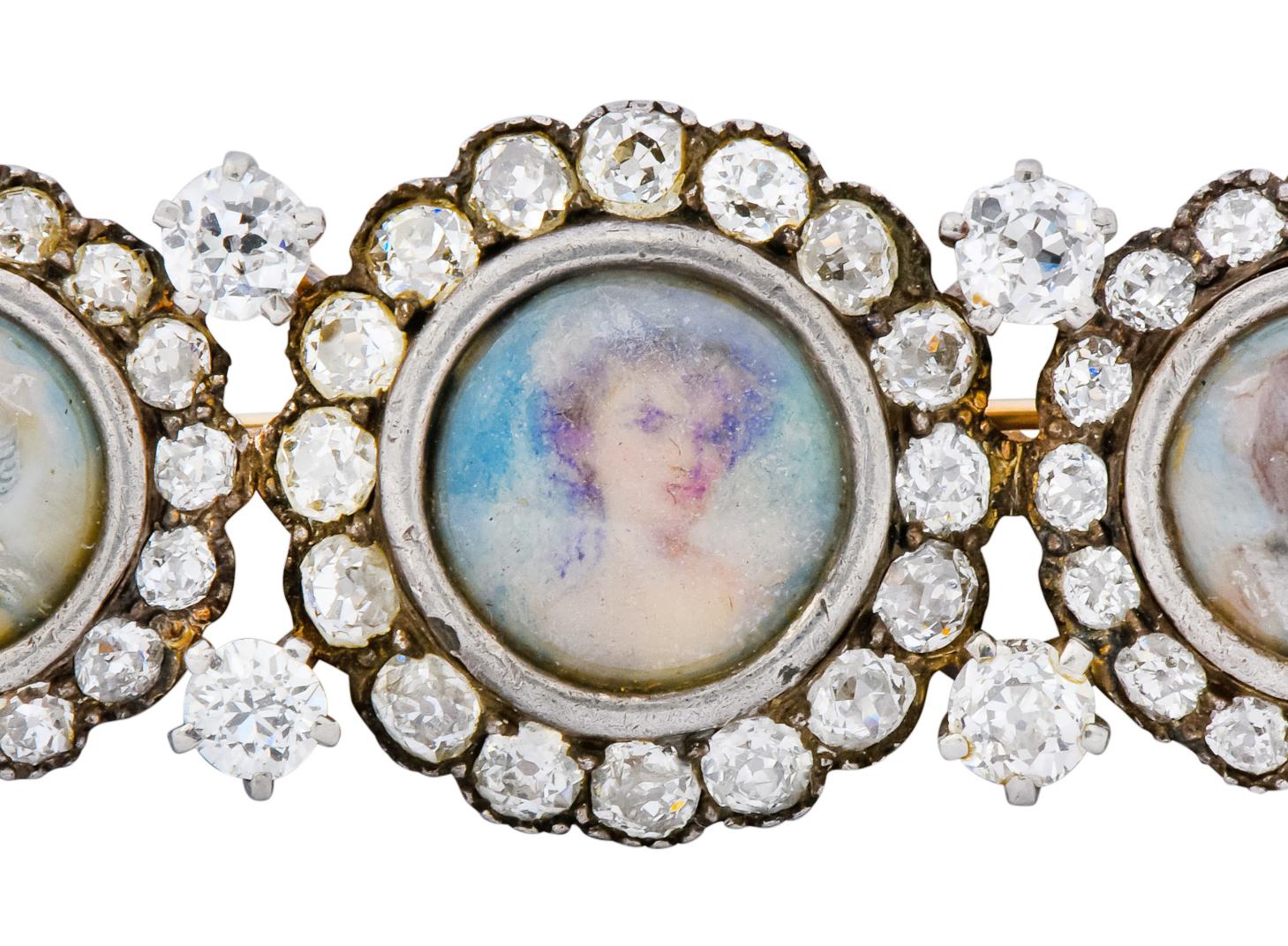 Tiffany & Co. Victorian 1.95 Carat Diamond 14 Karat Gold Silver Painted Brooch 1