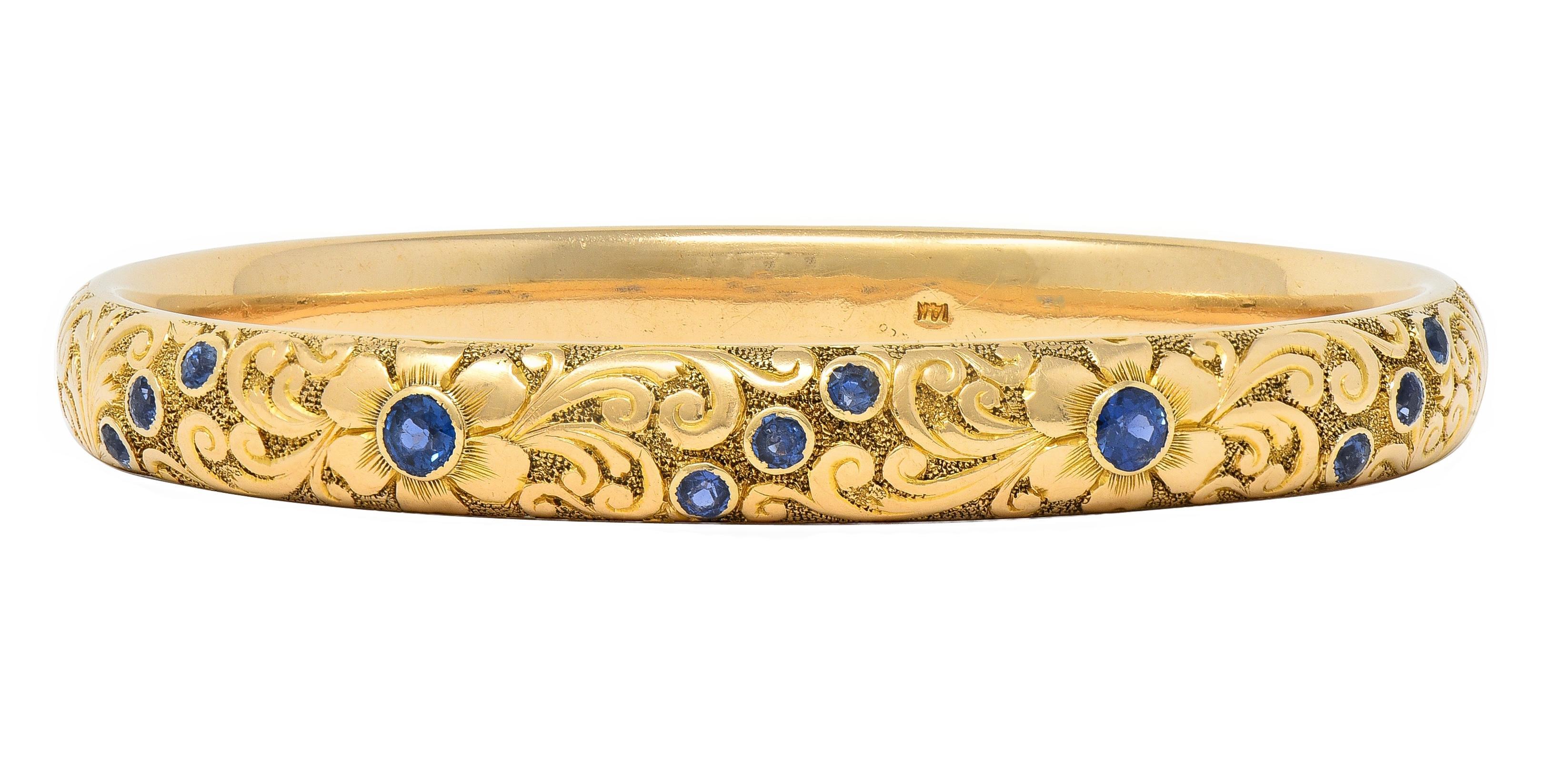 Round Cut Tiffany & Co. Victorian Antique Sapphire 14 Karat Gold Floral Bangle Bracelet