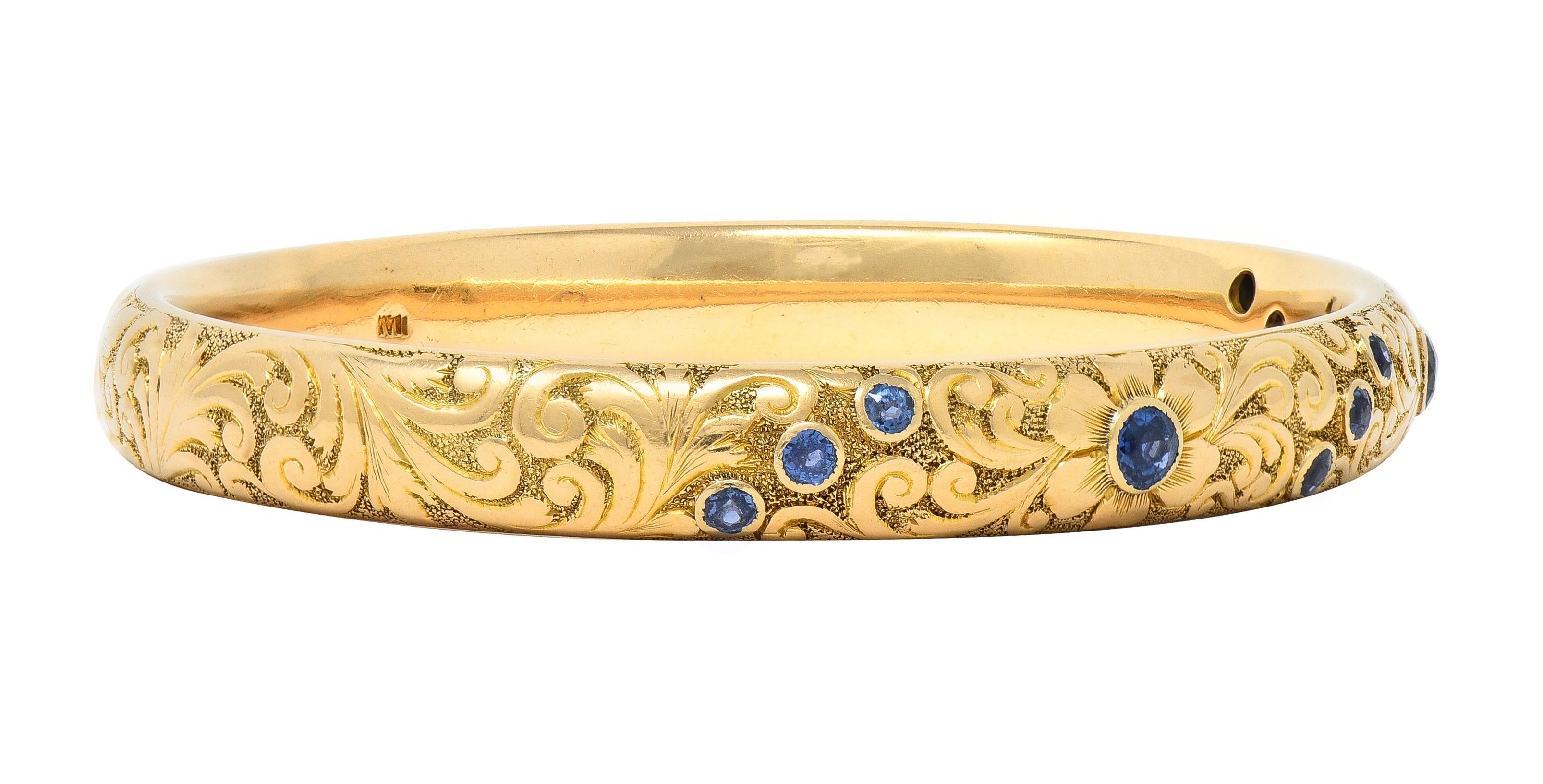 Tiffany & Co. Victorian Antique Sapphire 14 Karat Gold Floral Bangle Bracelet In Excellent Condition In Philadelphia, PA