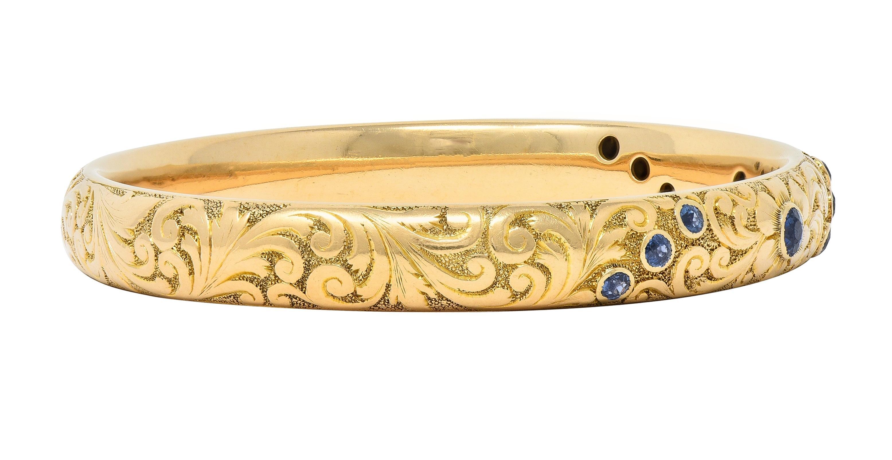 Women's or Men's Tiffany & Co. Victorian Antique Sapphire 14 Karat Gold Floral Bangle Bracelet