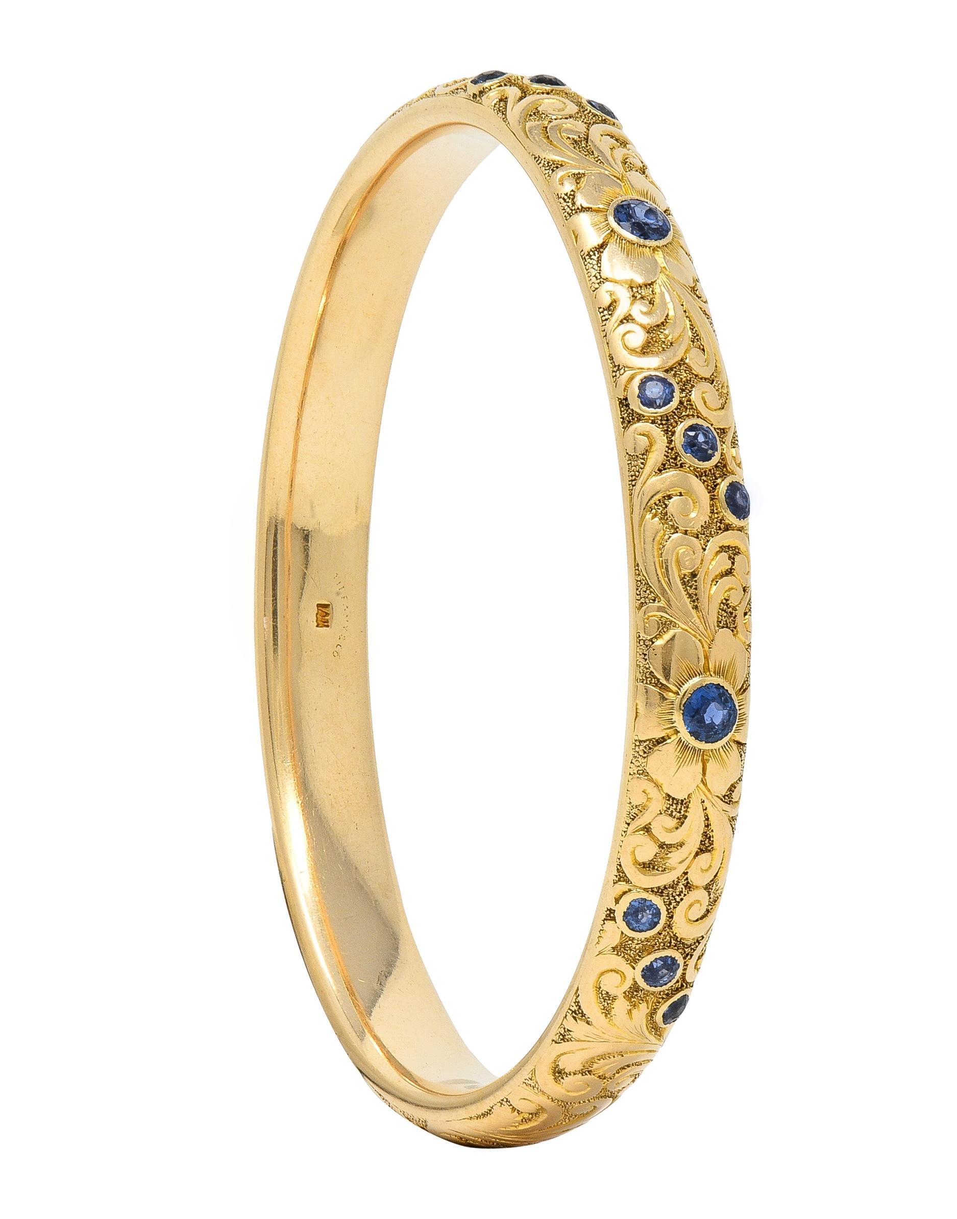 Tiffany & Co. Victorian Antique Sapphire 14 Karat Gold Floral Bangle Bracelet 4