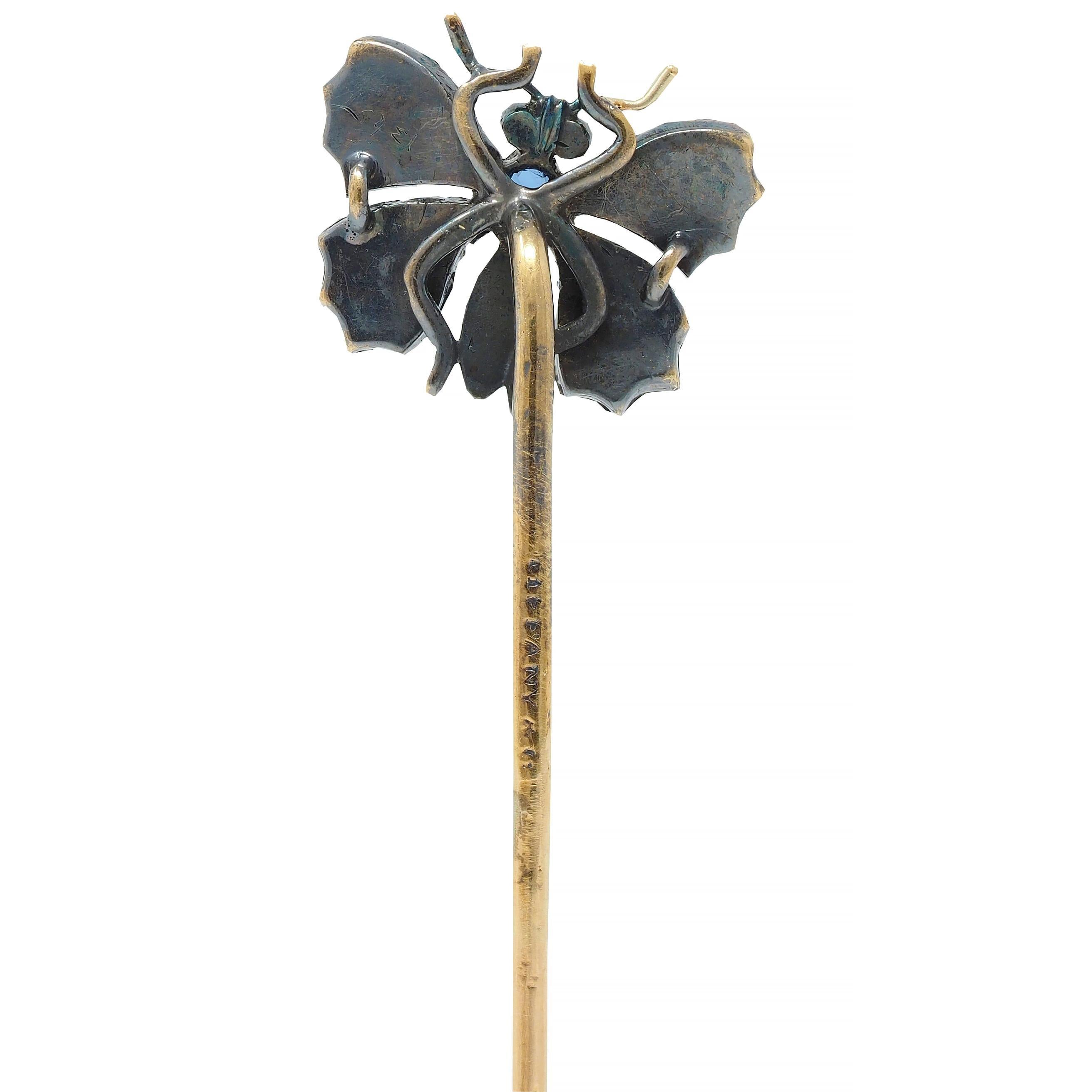 Tiffany & Co. Victorian Diamond Ruby Sapphire 18 Karat Gold Butterfly Stickpin In Excellent Condition For Sale In Philadelphia, PA