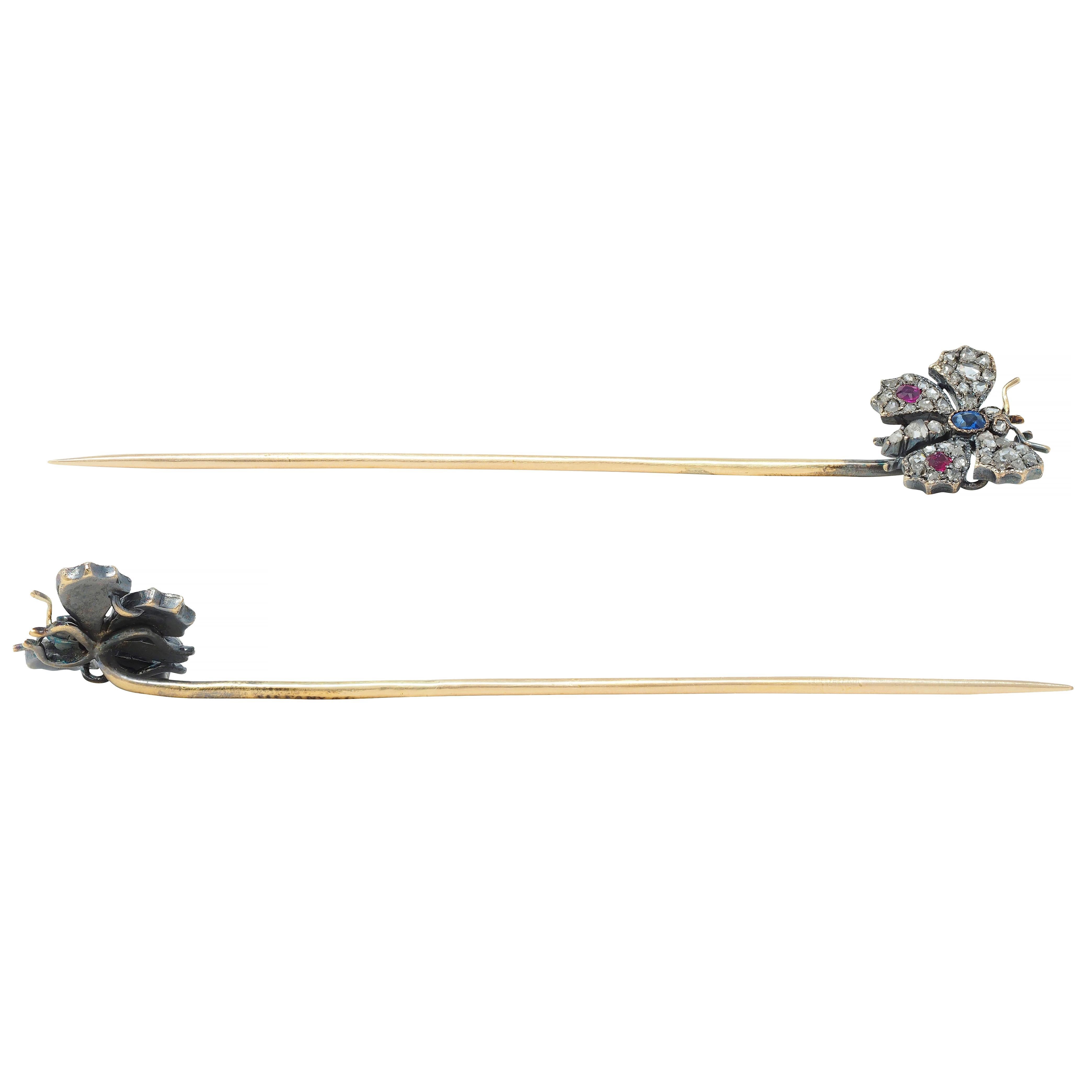 Tiffany & Co. Victorian Diamond Ruby Sapphire 18 Karat Gold Butterfly Stickpin For Sale 1