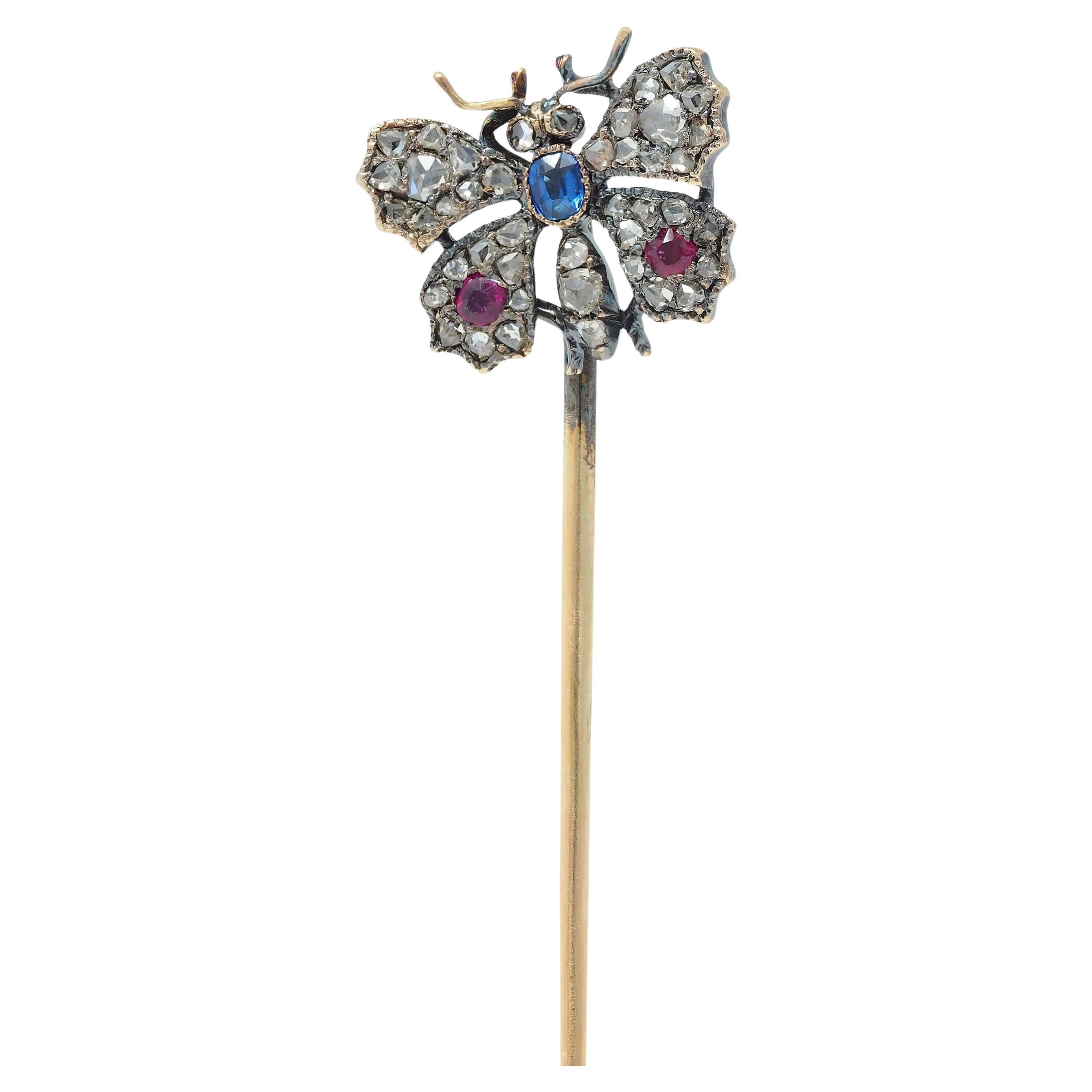 Tiffany & Co. Victorian Diamond Ruby Sapphire 18 Karat Gold Butterfly Stickpin For Sale