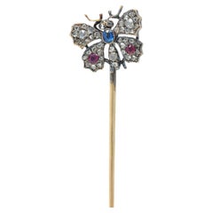 Tiffany & Co. Victorian Diamond Ruby Sapphire 18 Karat Gold Butterfly Stickpin