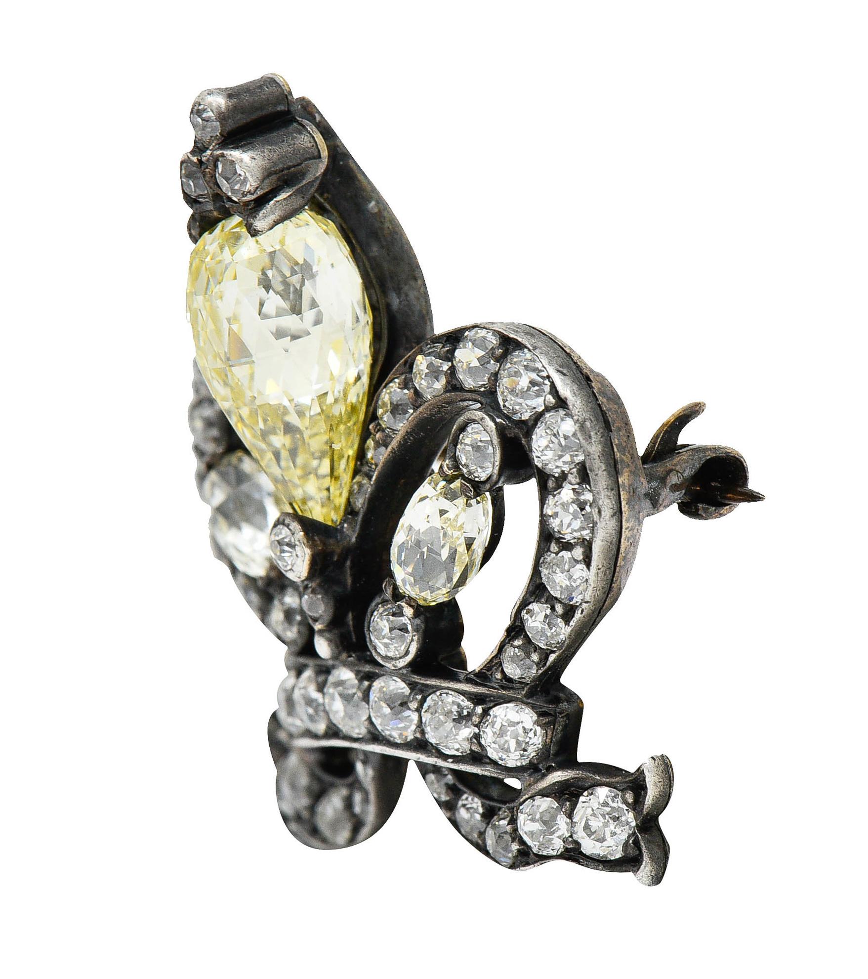 Briolette Cut Tiffany & Co. Victorian Fancy Yellow Briolette Diamond & White Diamond Brooch