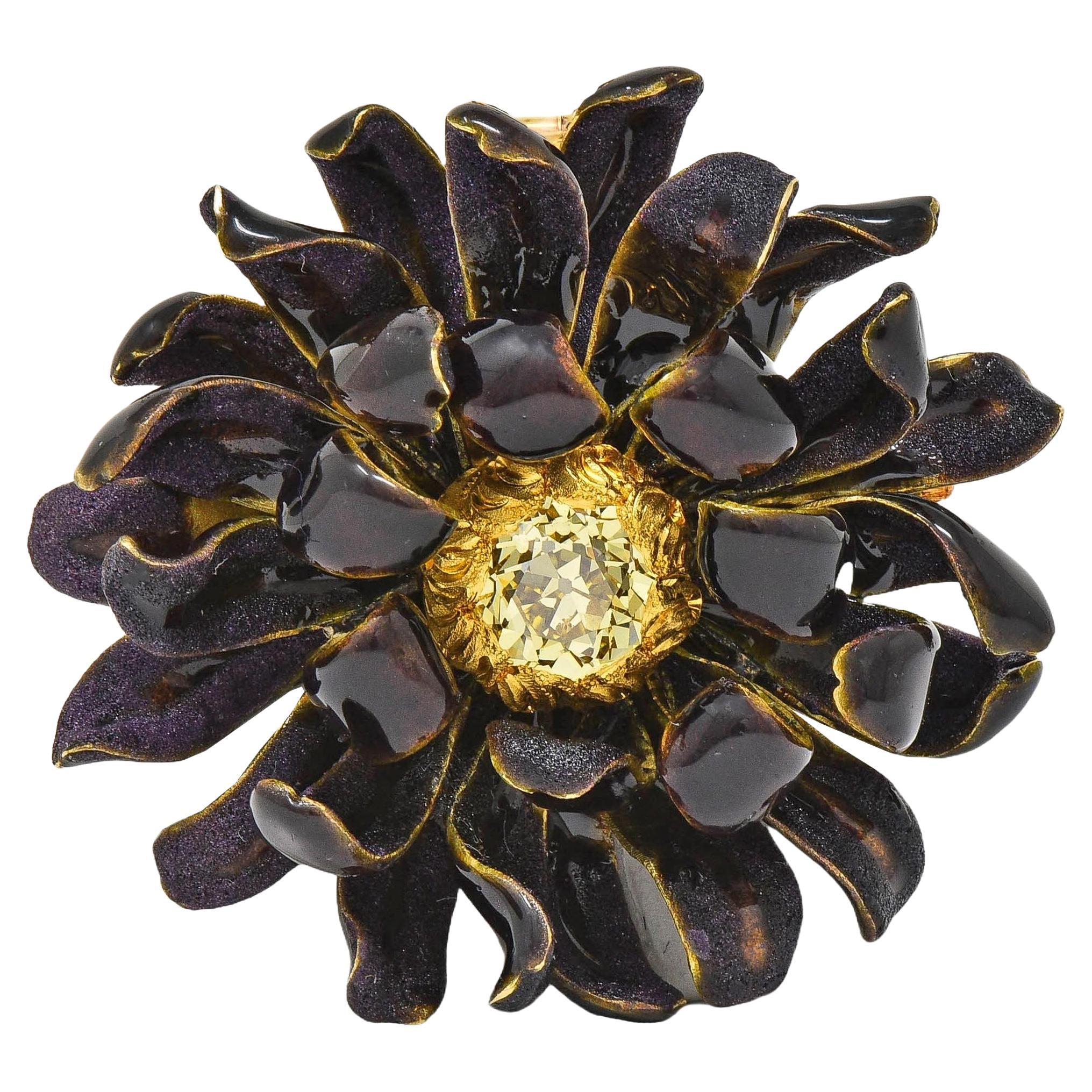 Tiffany & Co. Victorian Fancy Yellow Diamond Enamel 14K Gold Mum Flower Brooch