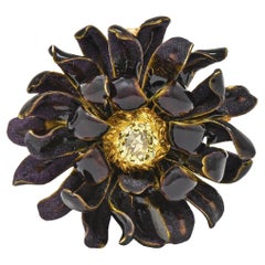 Tiffany & Co. Victorian Fancy Yellow Diamond Enamel 14K Gold Mum Flower Brooch