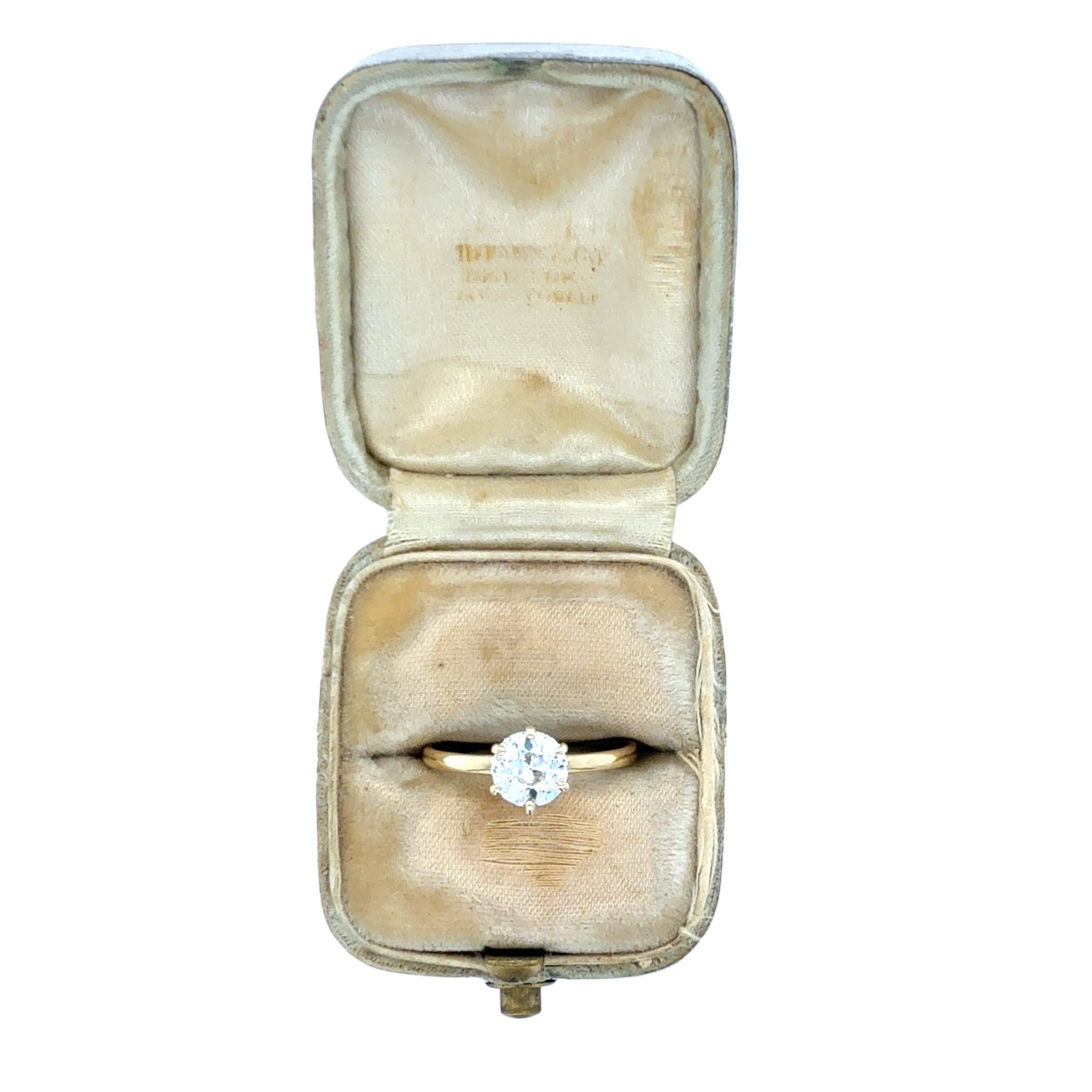 This Victorian diamond engagement ring designed by Tiffany & Co. boasts a beautiful old European cut diamond weighing approximately 0.85 carat. Mounted within six prongs in 18 karat yellow gold, this ring is elegant with a touch of history.

Ring