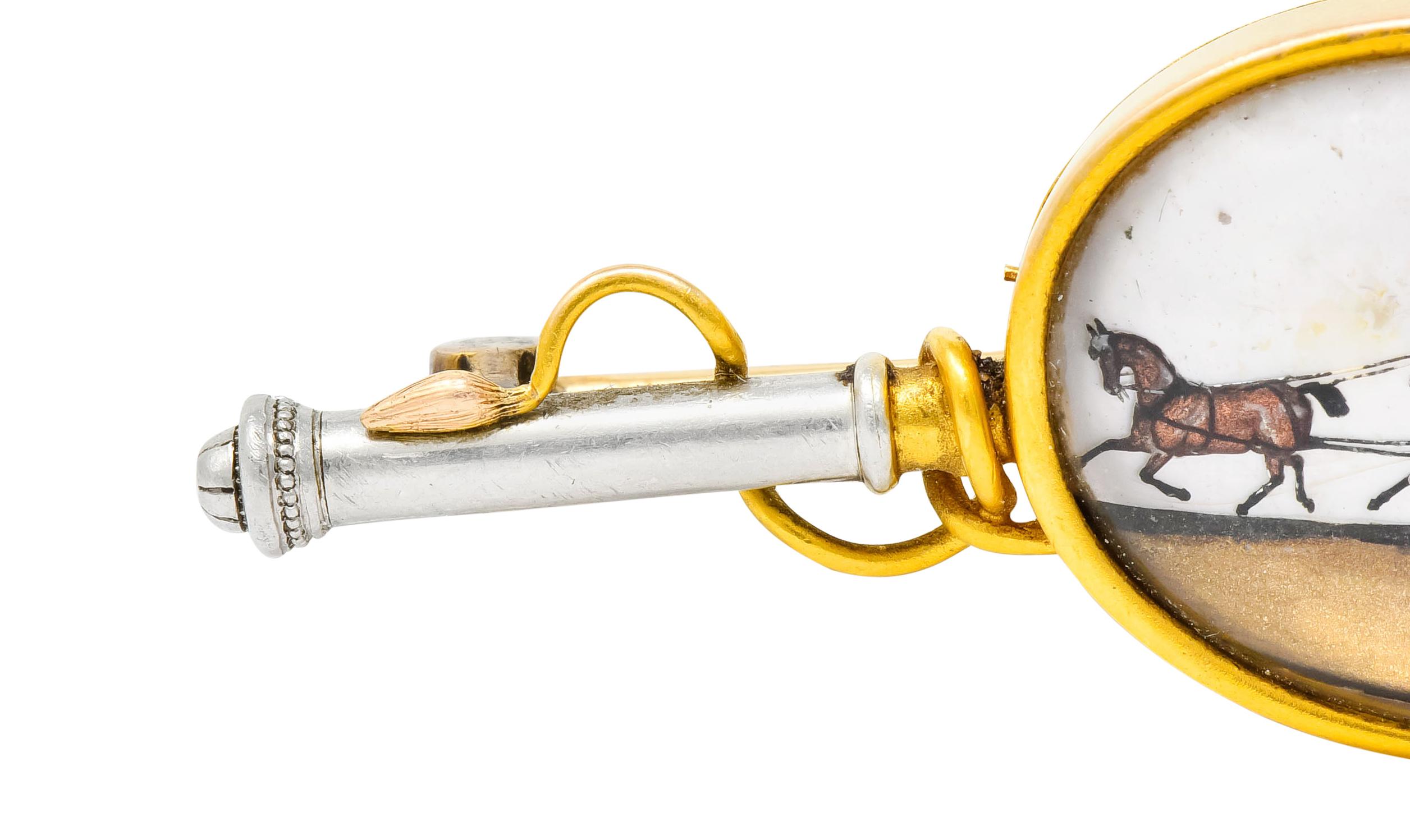 Women's or Men's Tiffany & Co. Victorian Painted Crystal Platinum 18 Karat Gold Equestrian Brooch
