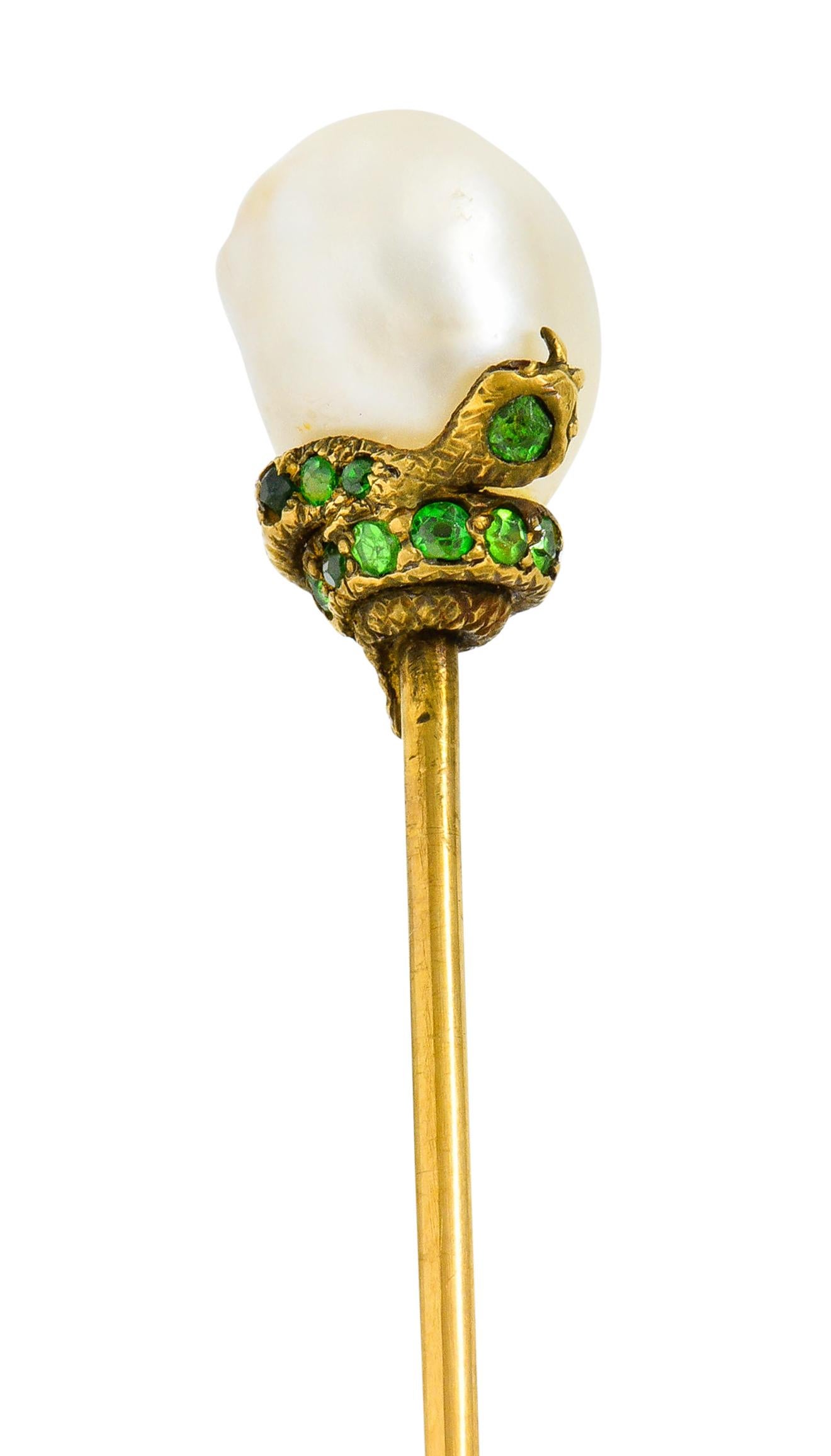 Round Cut Tiffany & Co. Victorian Pearl Demantoid Garnet 14 Karat Gold Snake Stickpin